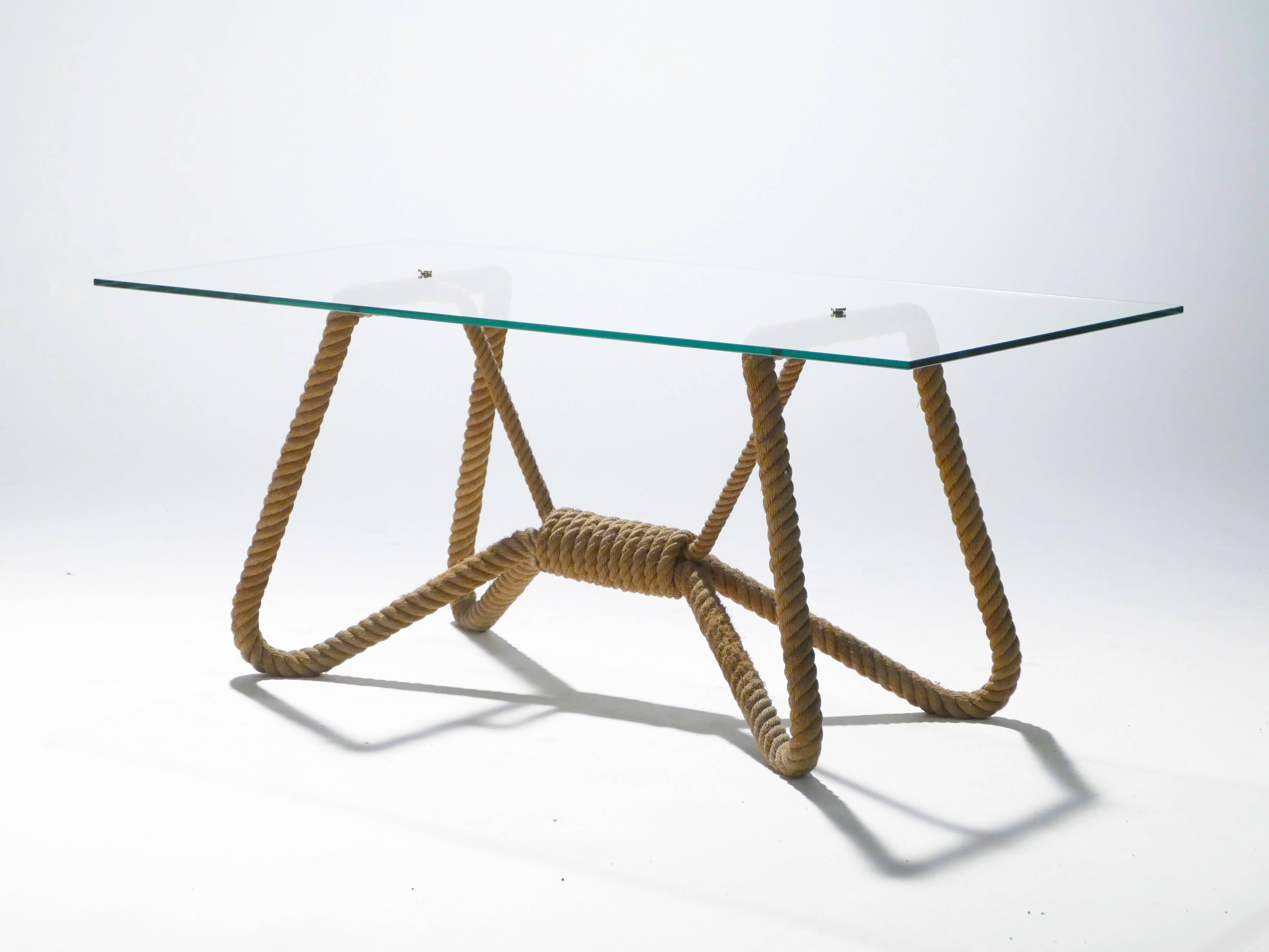 Mid-Century Modern Audoux Minet Rope and Glass Coffee Table, 1960s