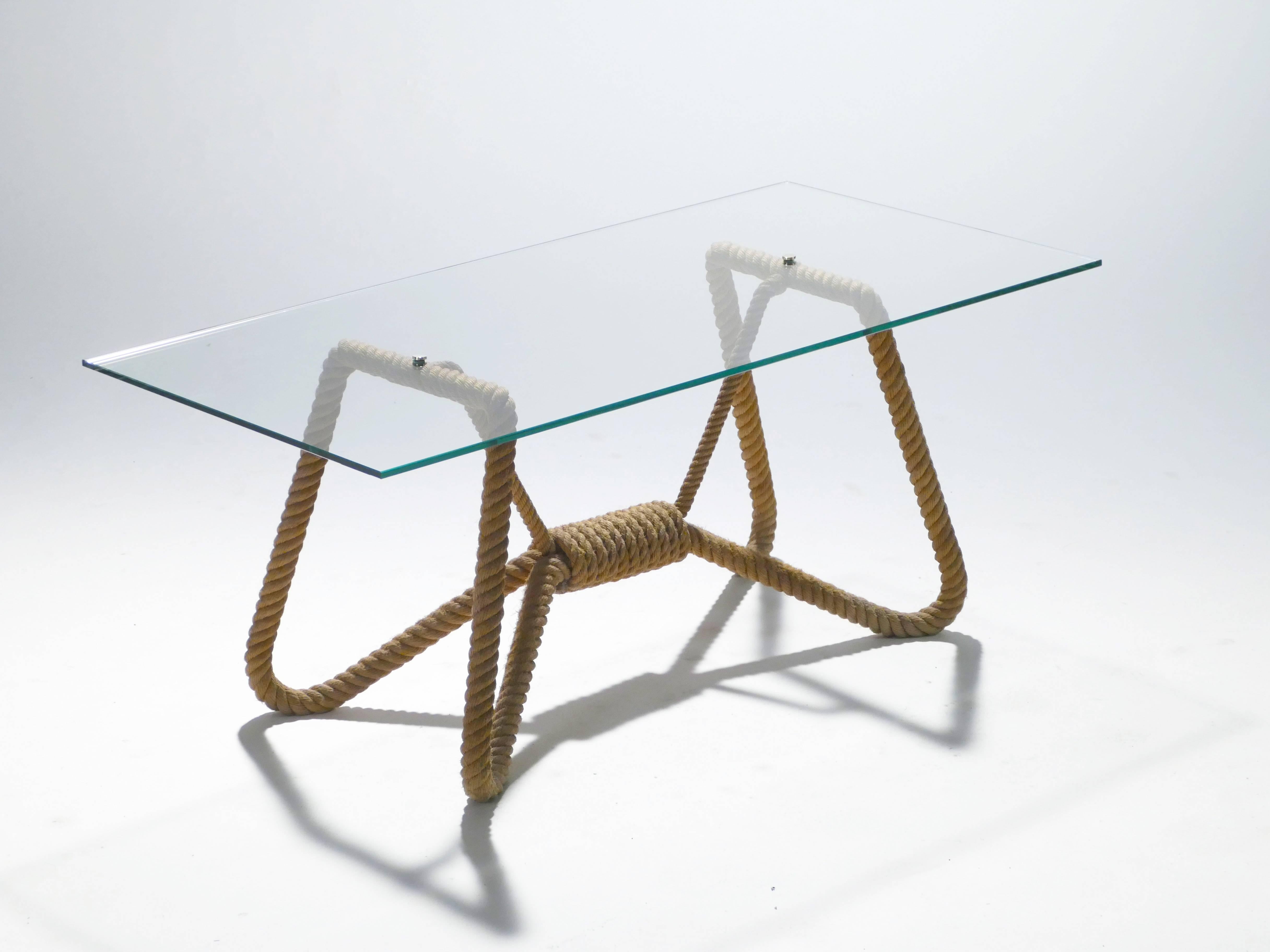 Audoux Minet Rope and Glass Coffee Table, 1960s In Excellent Condition In Paris, IDF