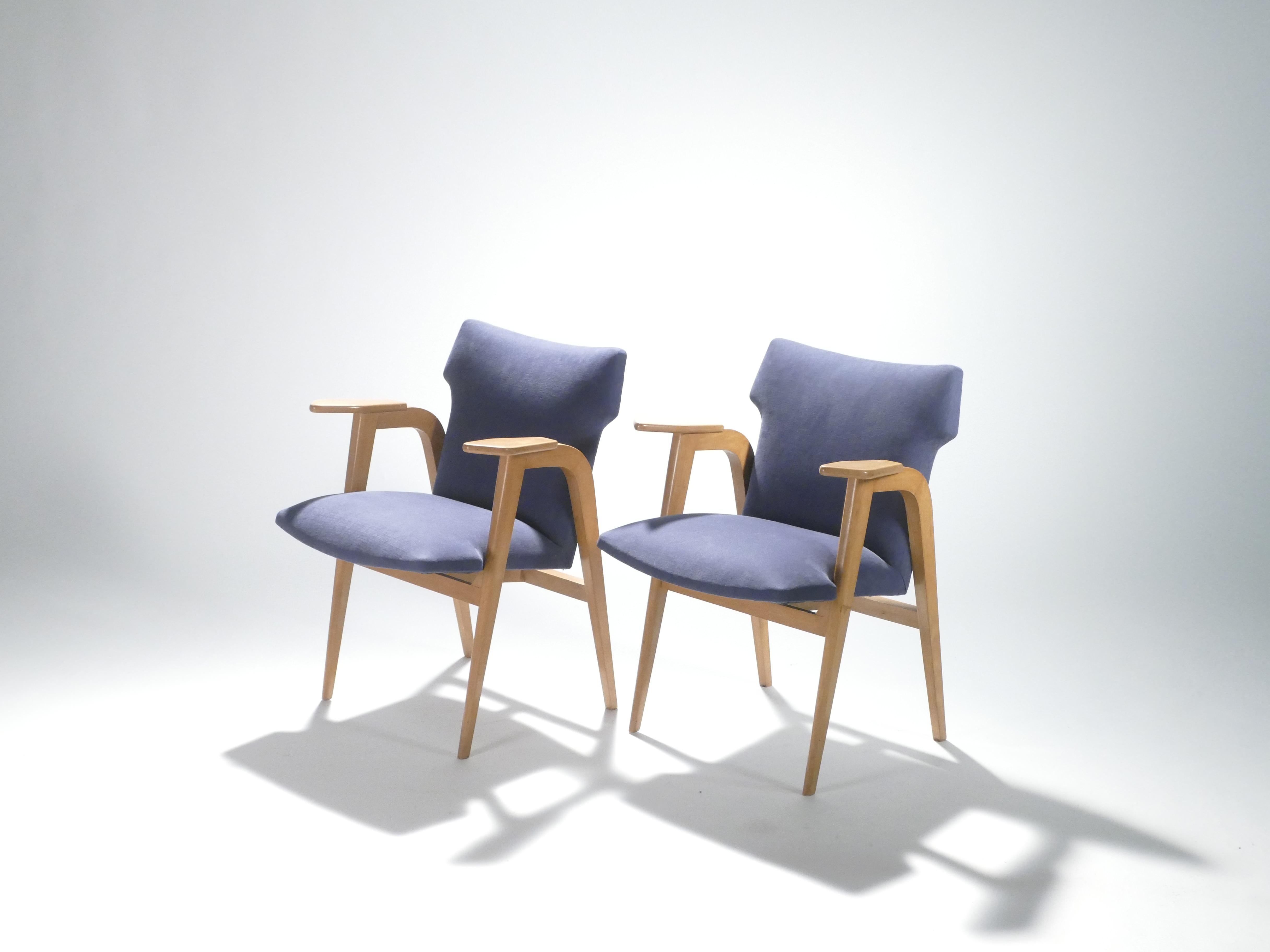 French Midcentury Oak Compass Armchairs by Roger Landault, 1950s 1