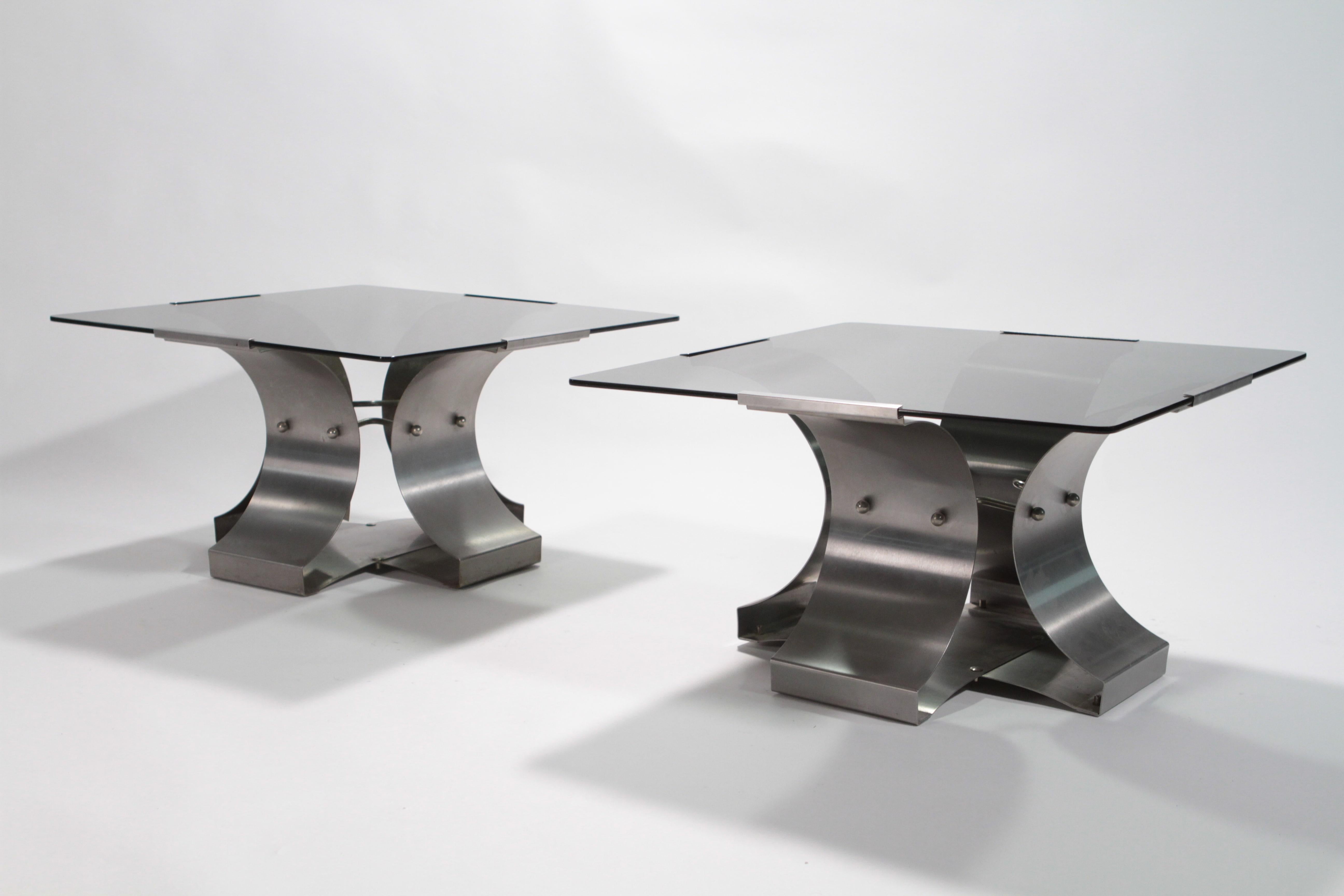 Mid-Century Modern Midcentury Glass and Steel End Tables by François Monnet, 1970s