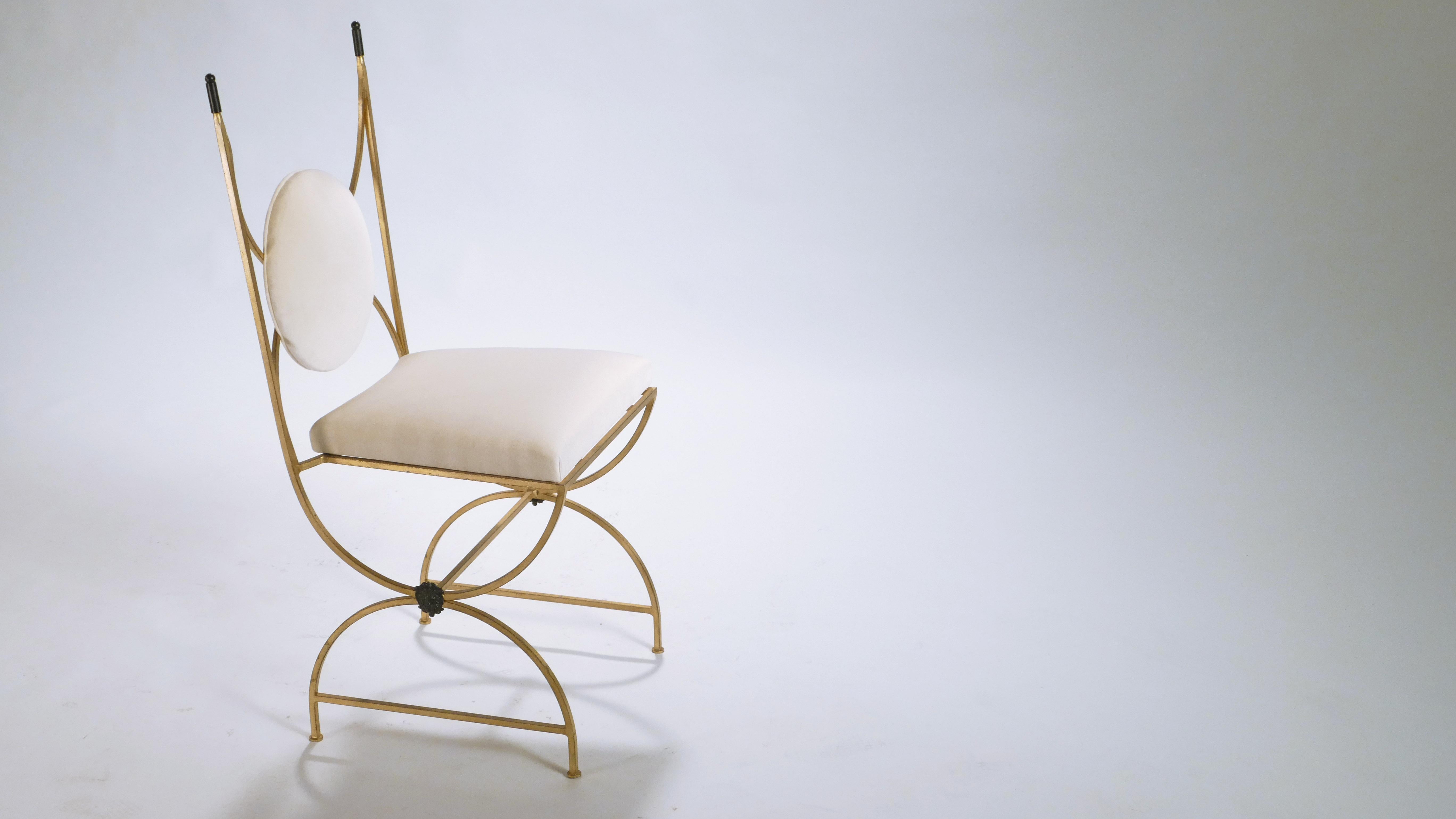 French Set of Four Midcentury Chairs Gold Leaf and Velvet by Robert Thibier, 1960s
