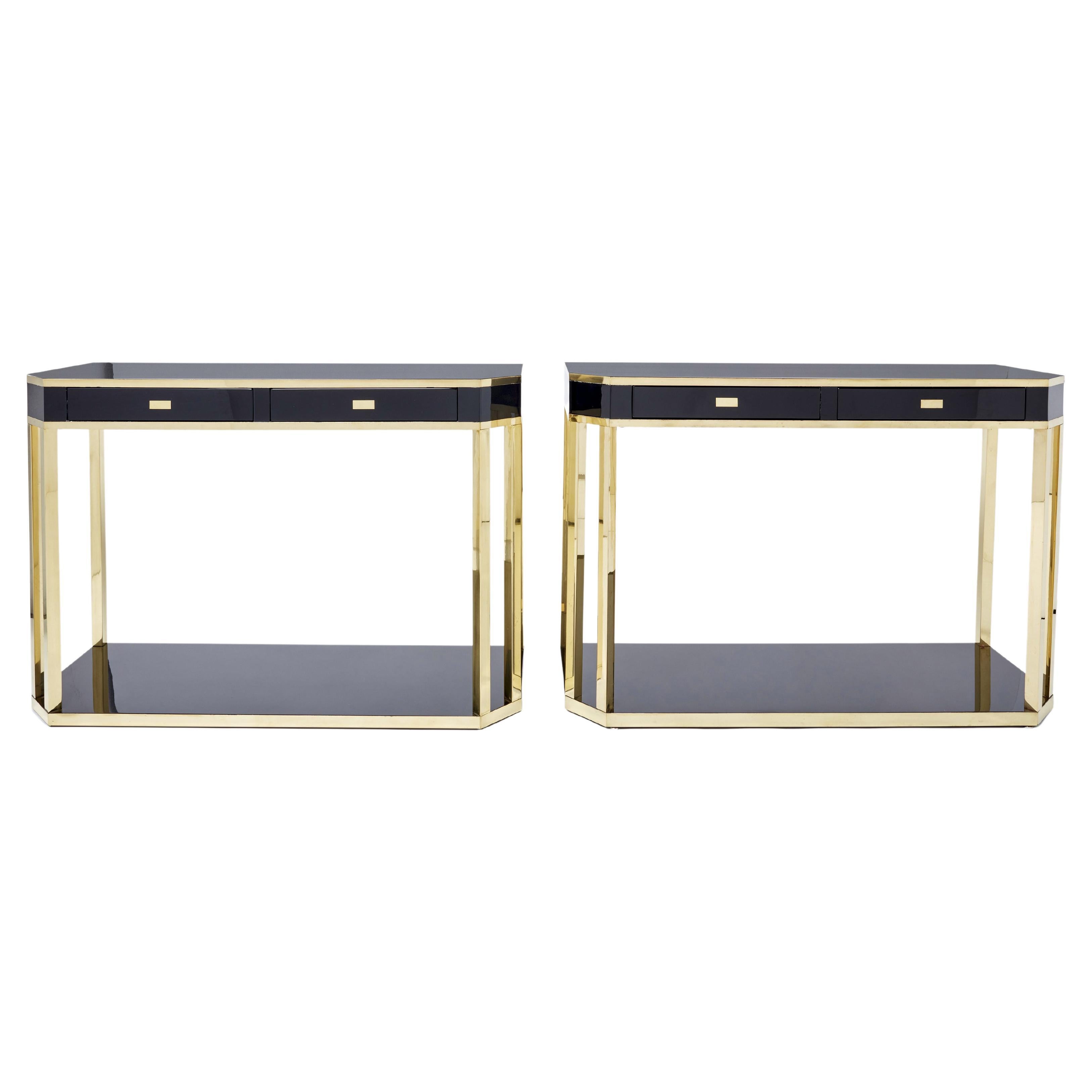 Pair of Jean-Claude Mahey Black Lacquered Brass Console Tables, 1970s
