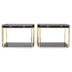 Retro Pair of Jean-Claude Mahey Black Lacquered Brass Console Tables, 1970s