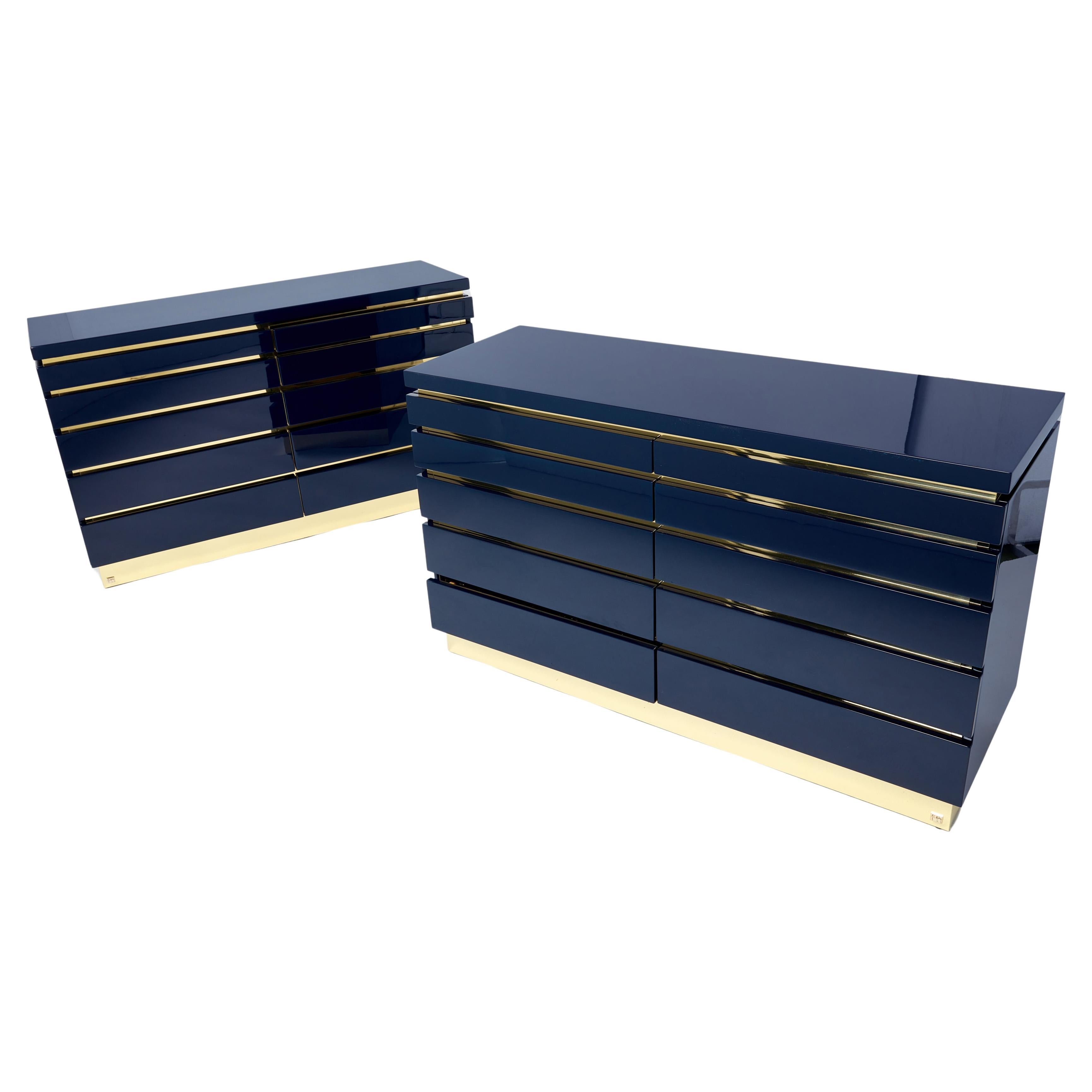 Pair of Jean-Claude Mahey Dark Blue Lacquered Brass Commodes, 1970s For Sale