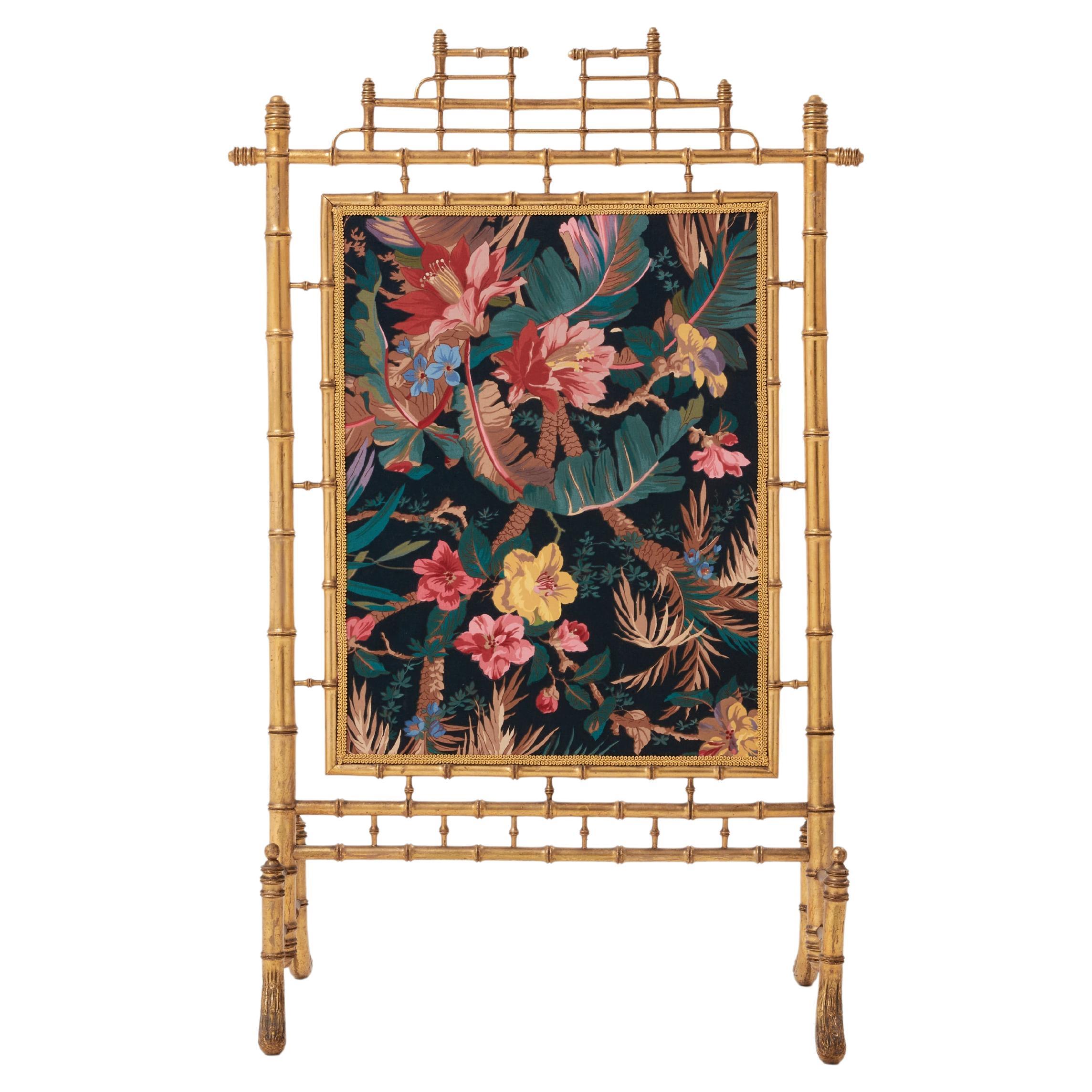 Faux bamboo giltwood French decorative firescreen 1960s For Sale