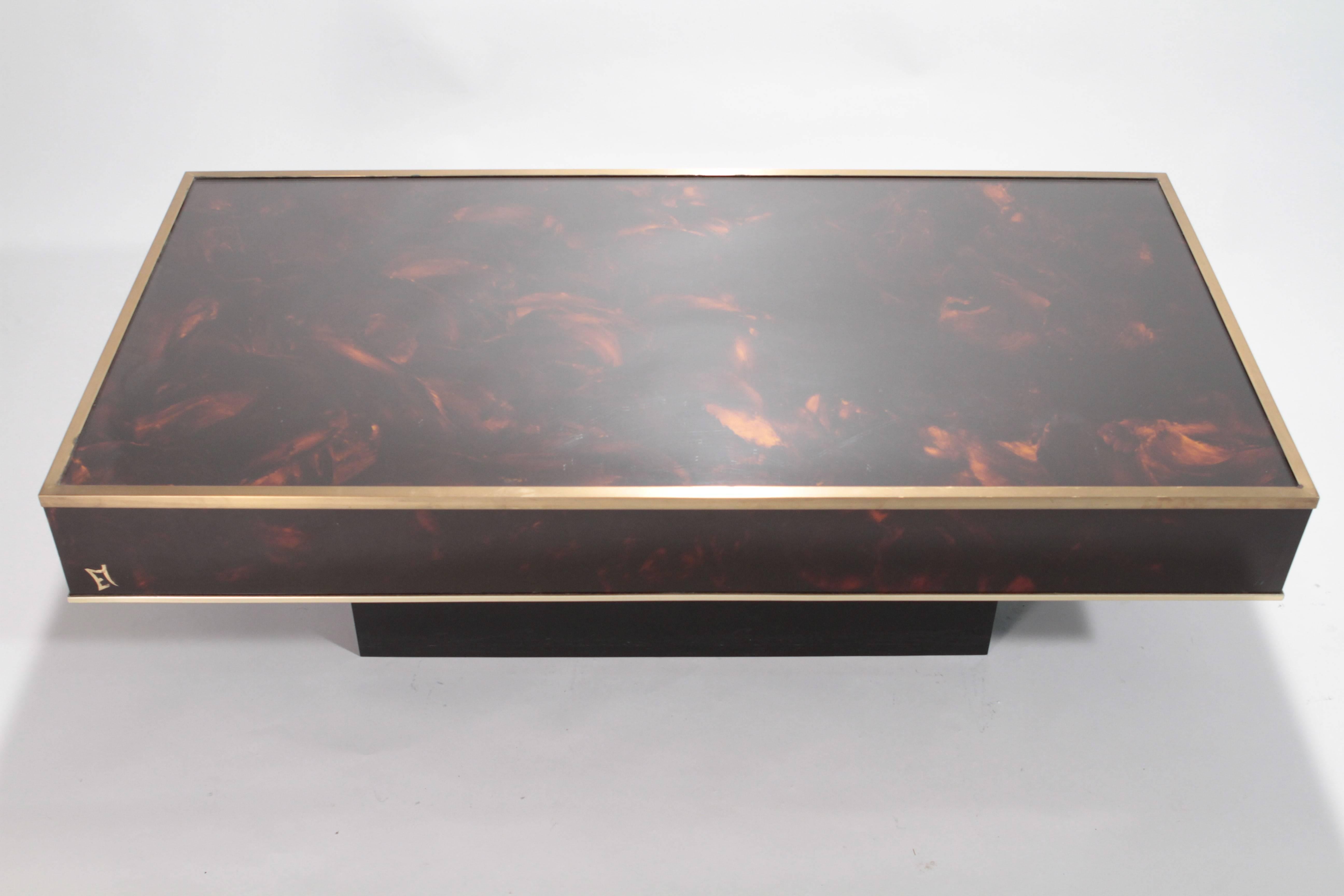 Mid-Century Modern Brass and Faux Tortoise Coffee Table JC Mahey, 1970s