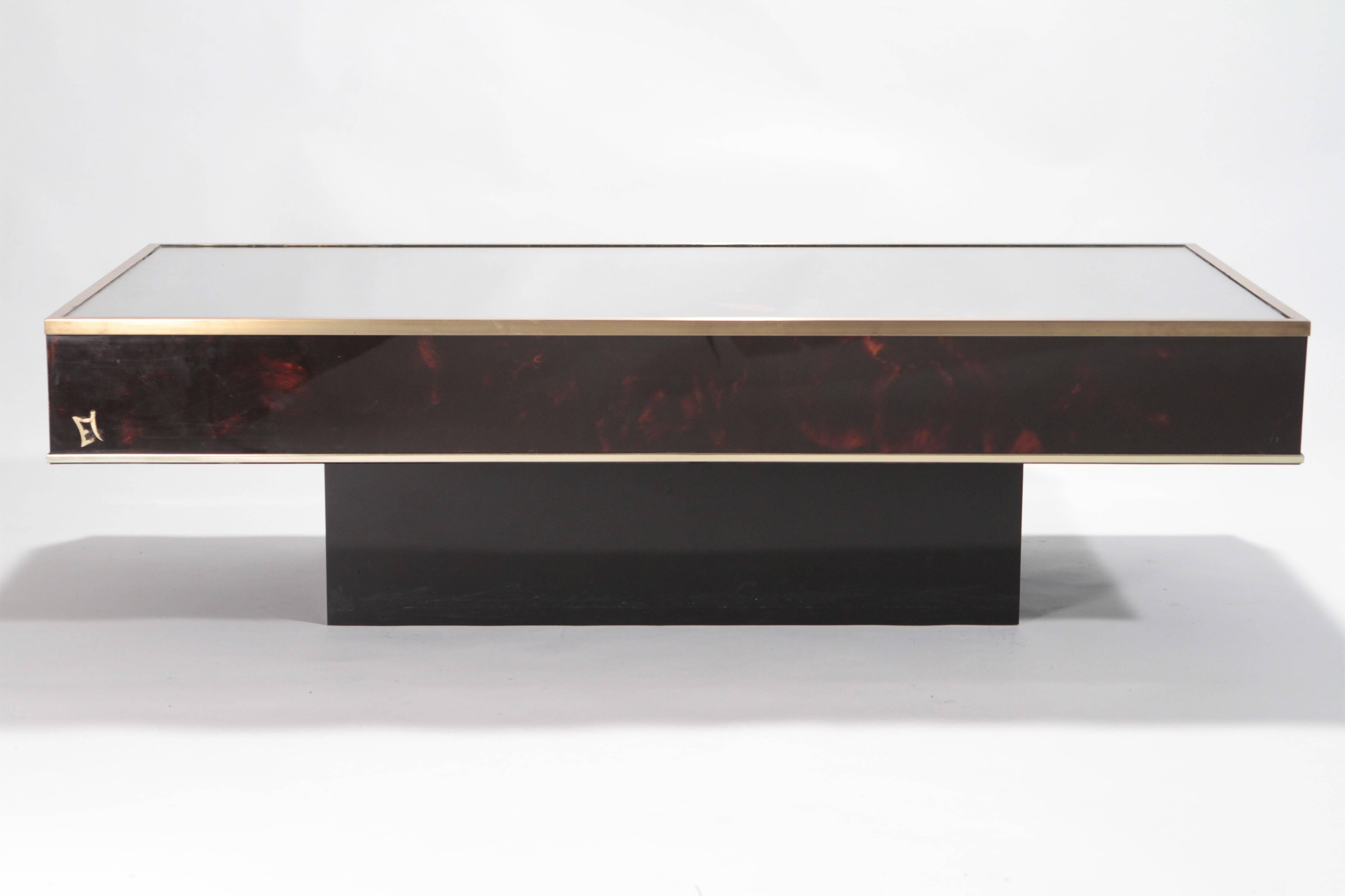 Brass and Faux Tortoise Coffee Table JC Mahey, 1970s In Excellent Condition In Paris, IDF