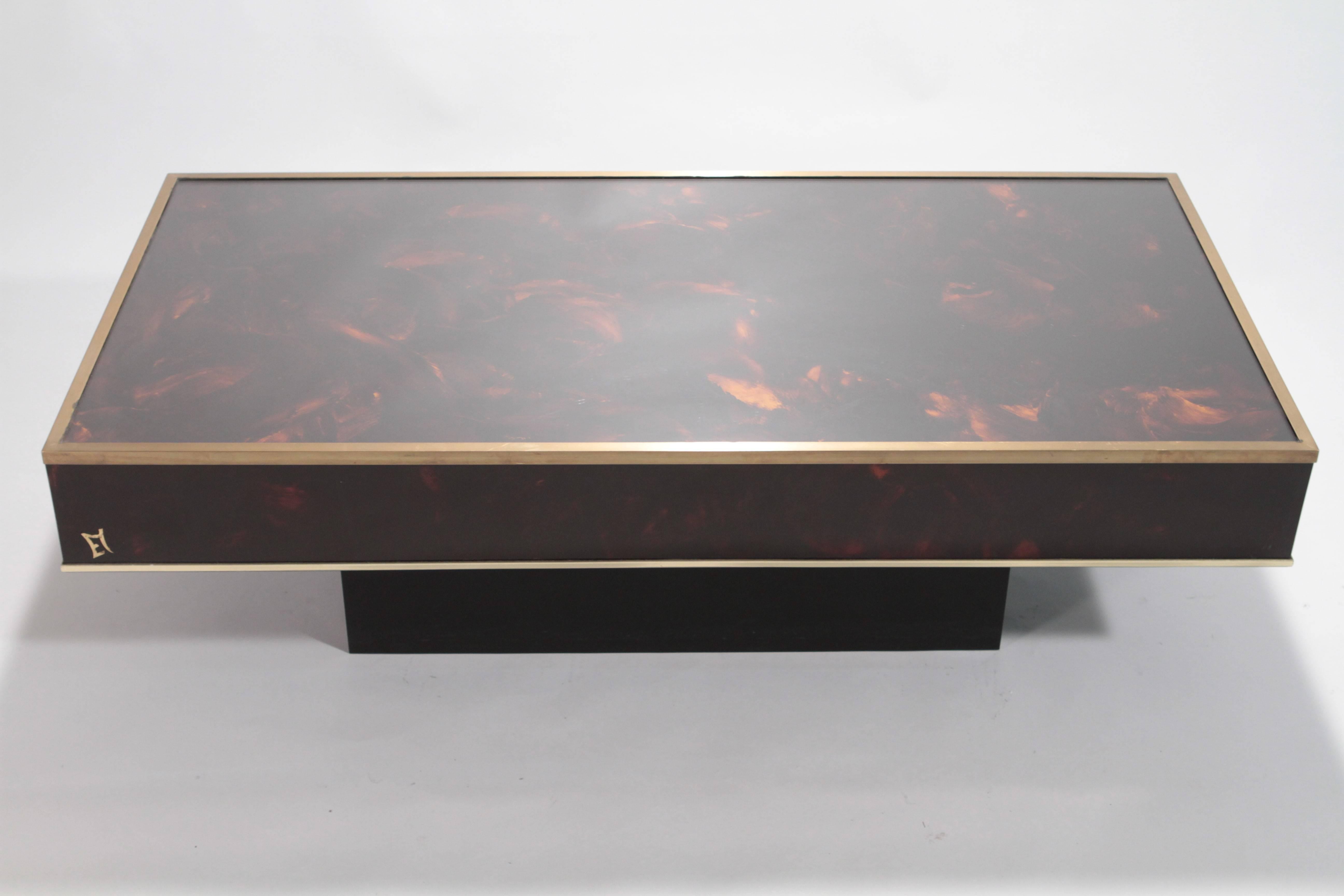 French Brass and Faux Tortoise Coffee Table JC Mahey, 1970s