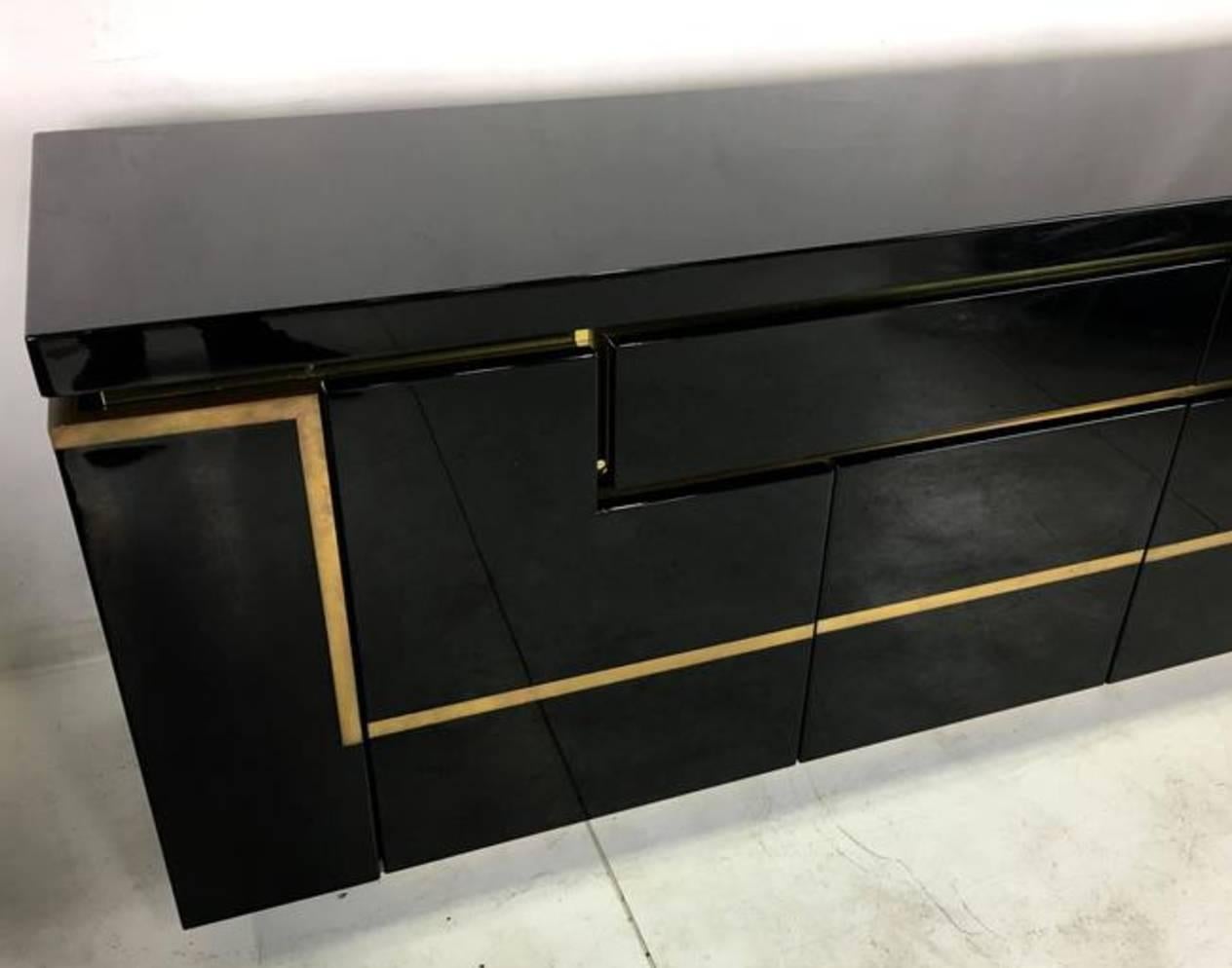 French Extra Large Lacquered and Brass Sideboard JC Mahey, 1970s