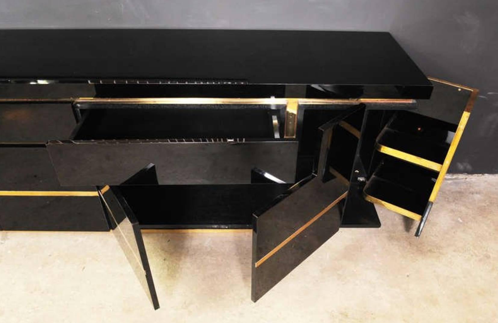 Extra Large Lacquered and Brass Sideboard JC Mahey, 1970s 2