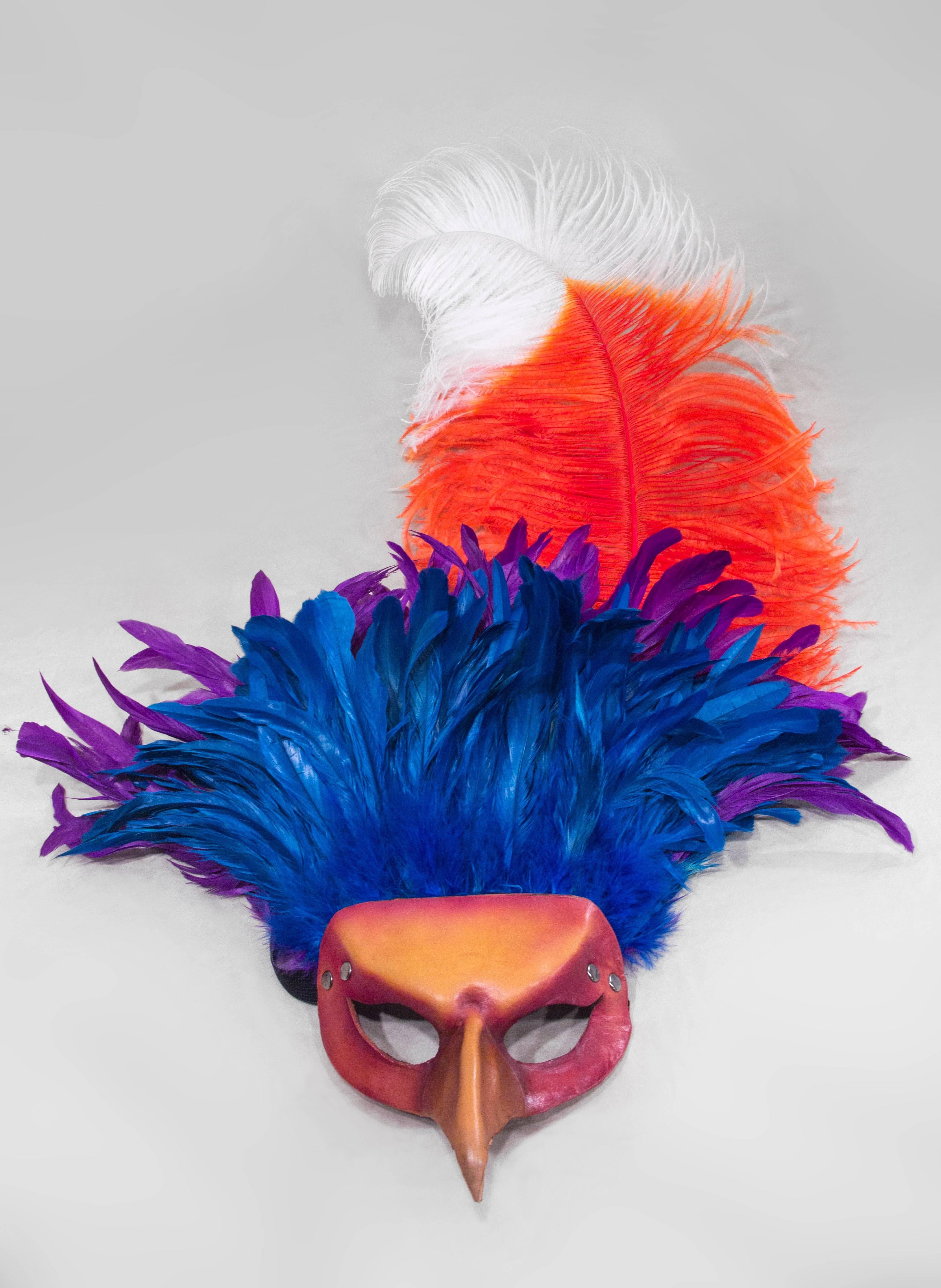 Hand-Crafted Colorful Feathered Leather Bird Mask