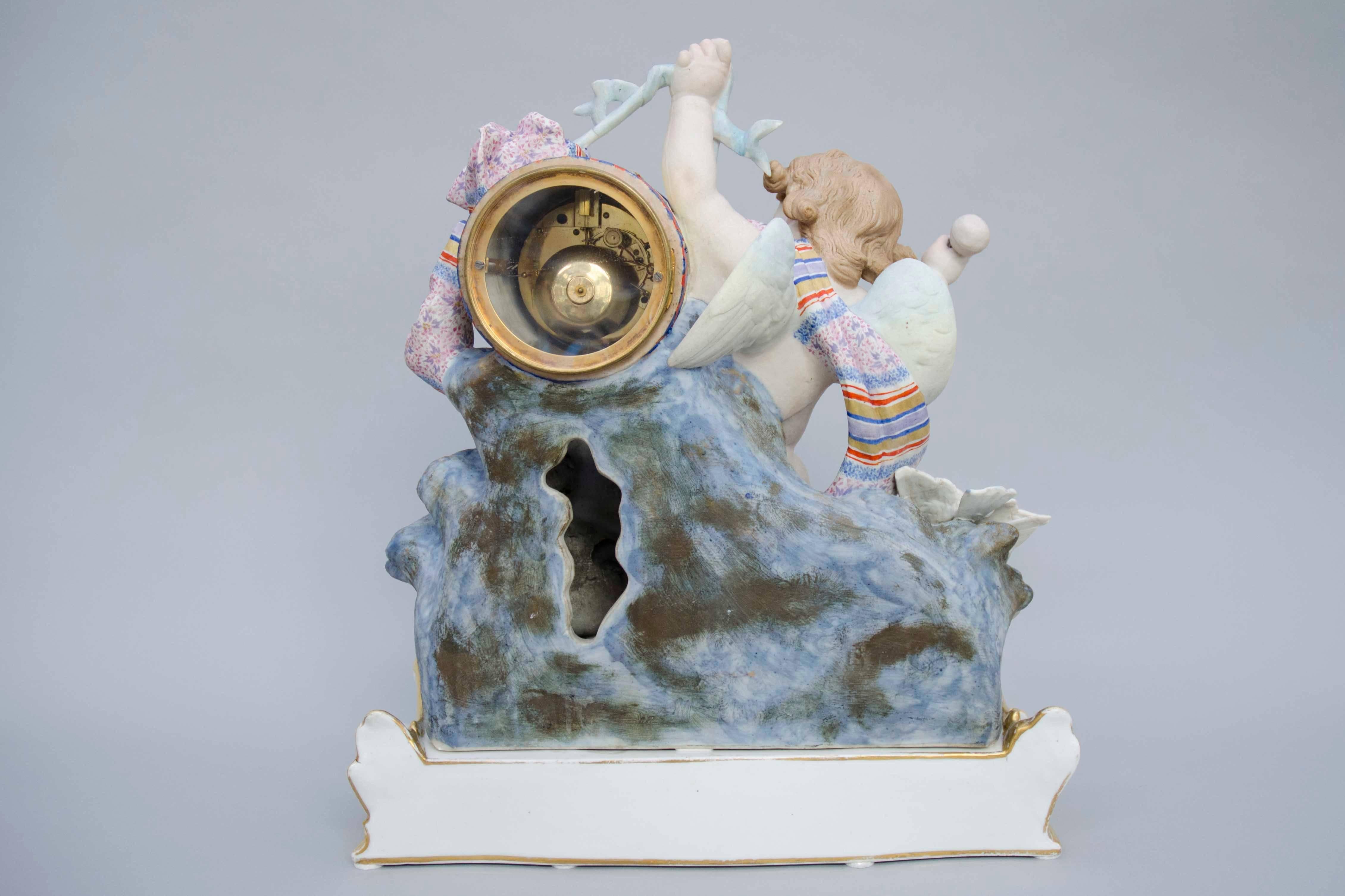 19th Century Polychrome Bisque Clock, Angel Smashing a Tambourine, Paris, France In Excellent Condition For Sale In Brussels, BE