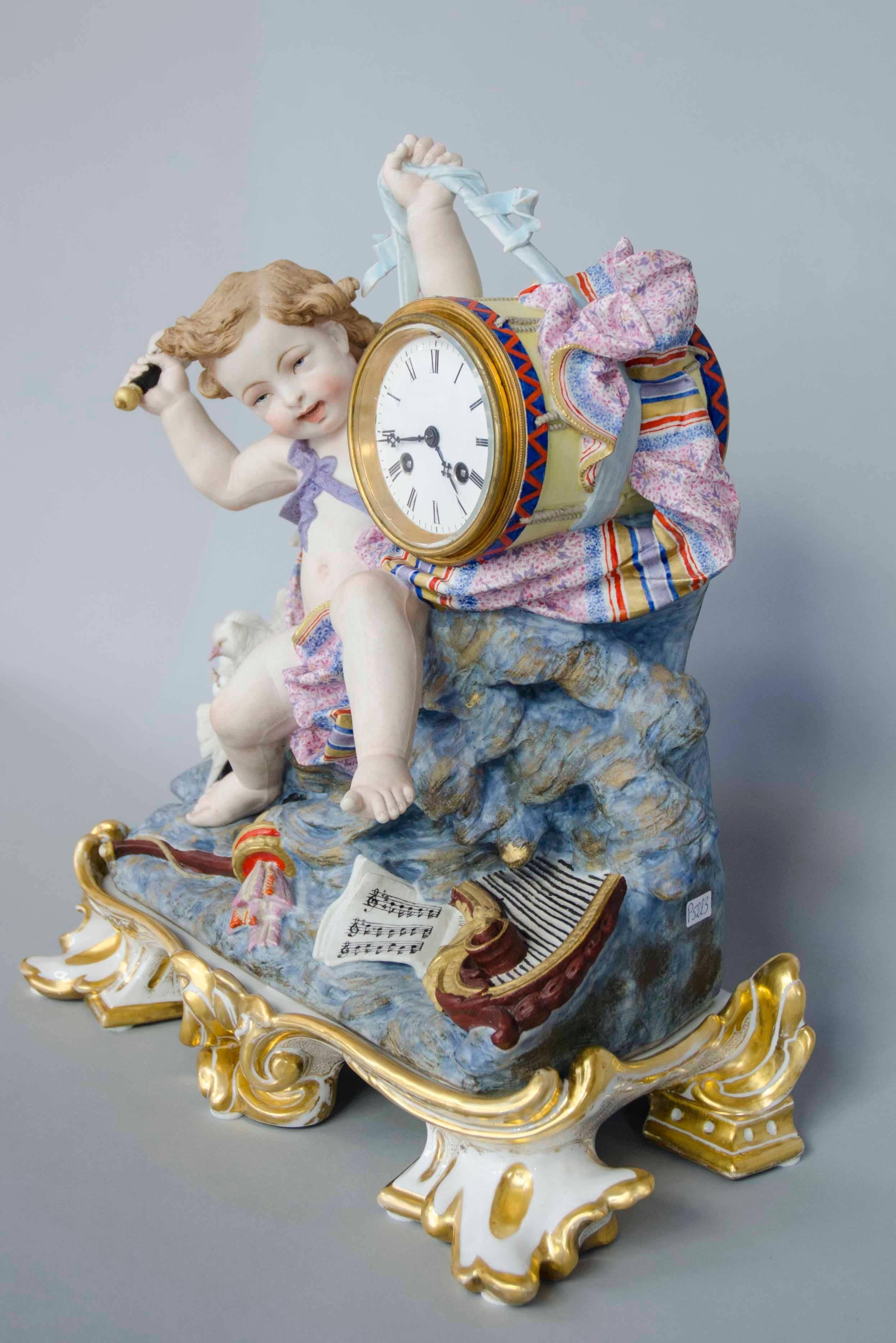Napoleon III 19th Century Polychrome Bisque Clock, Angel Smashing a Tambourine, Paris, France For Sale