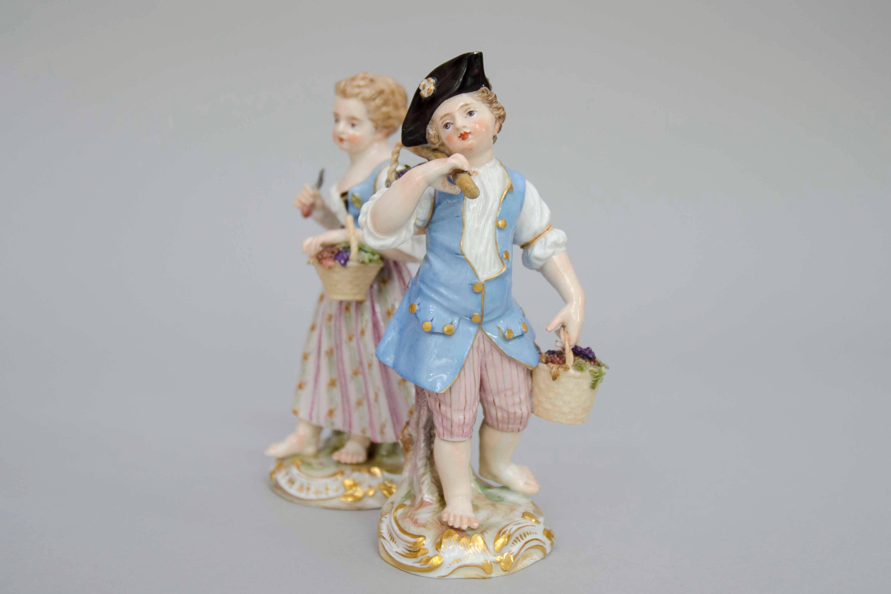Baroque Revival 19th Century Meissen Porcelain Figures, Gardening Couple of Children For Sale