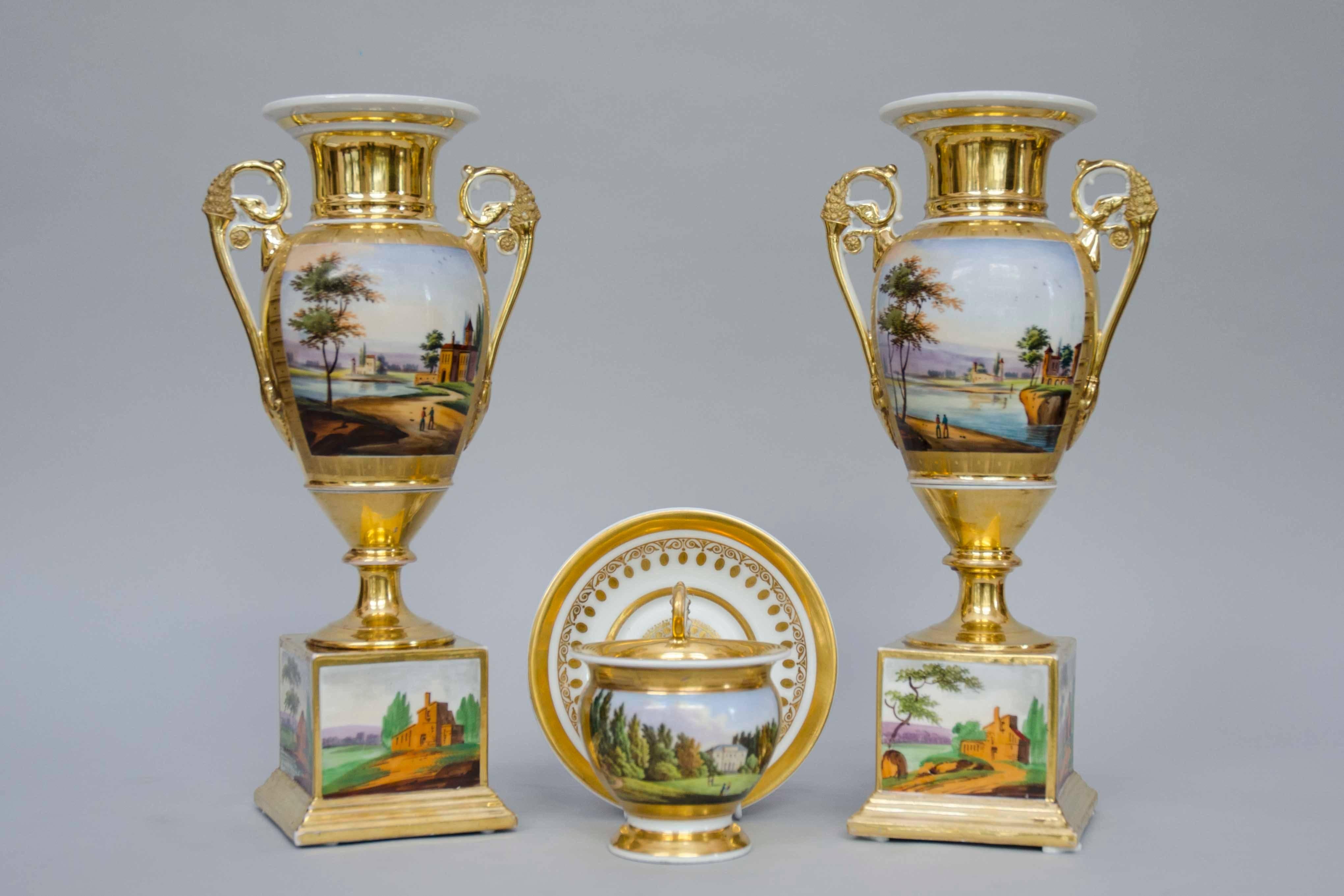 19th Century Squared Based Egg Shaped Vases with Italian Landscapes, Brussels For Sale 3