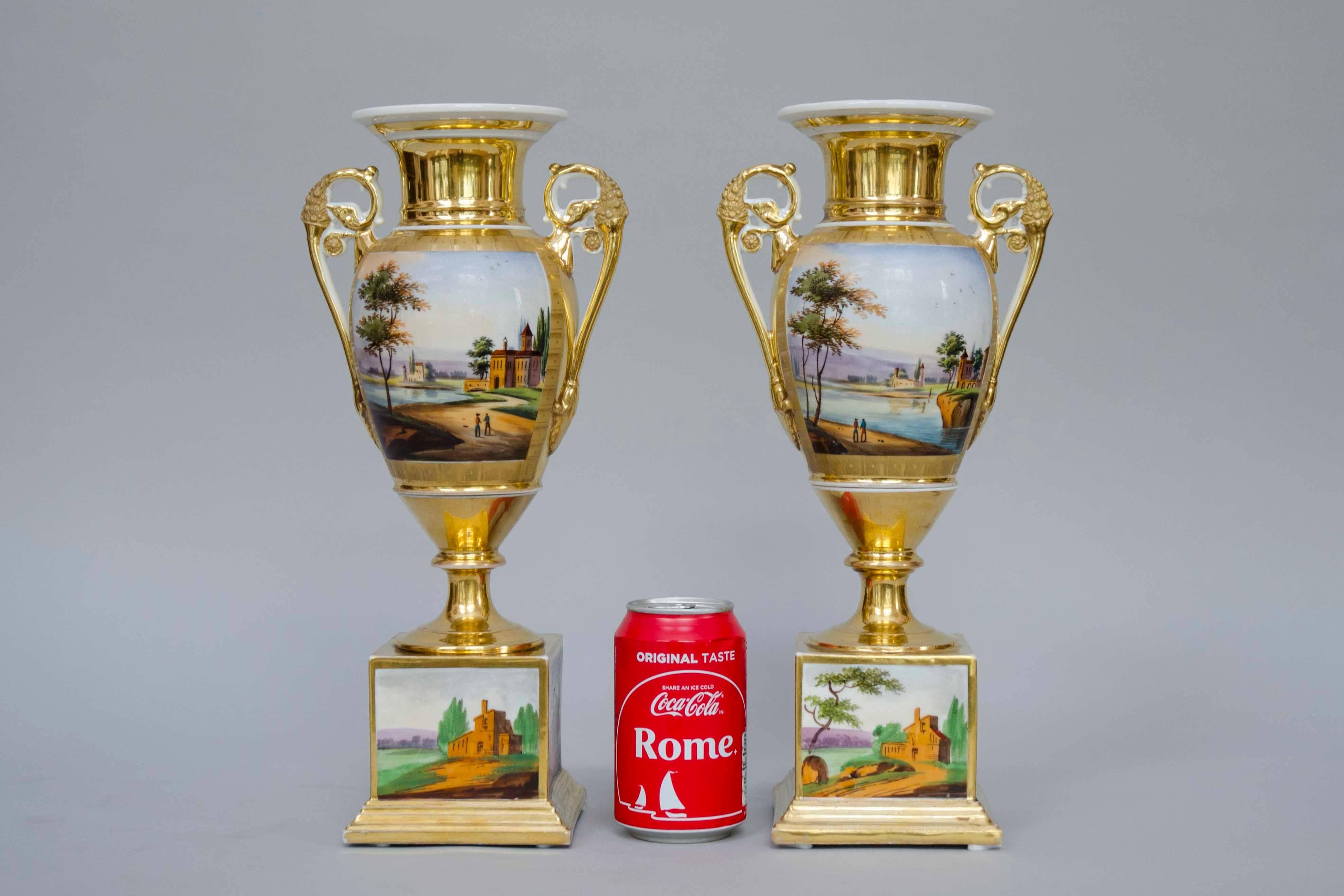 19th Century Squared Based Egg Shaped Vases with Italian Landscapes, Brussels For Sale 4