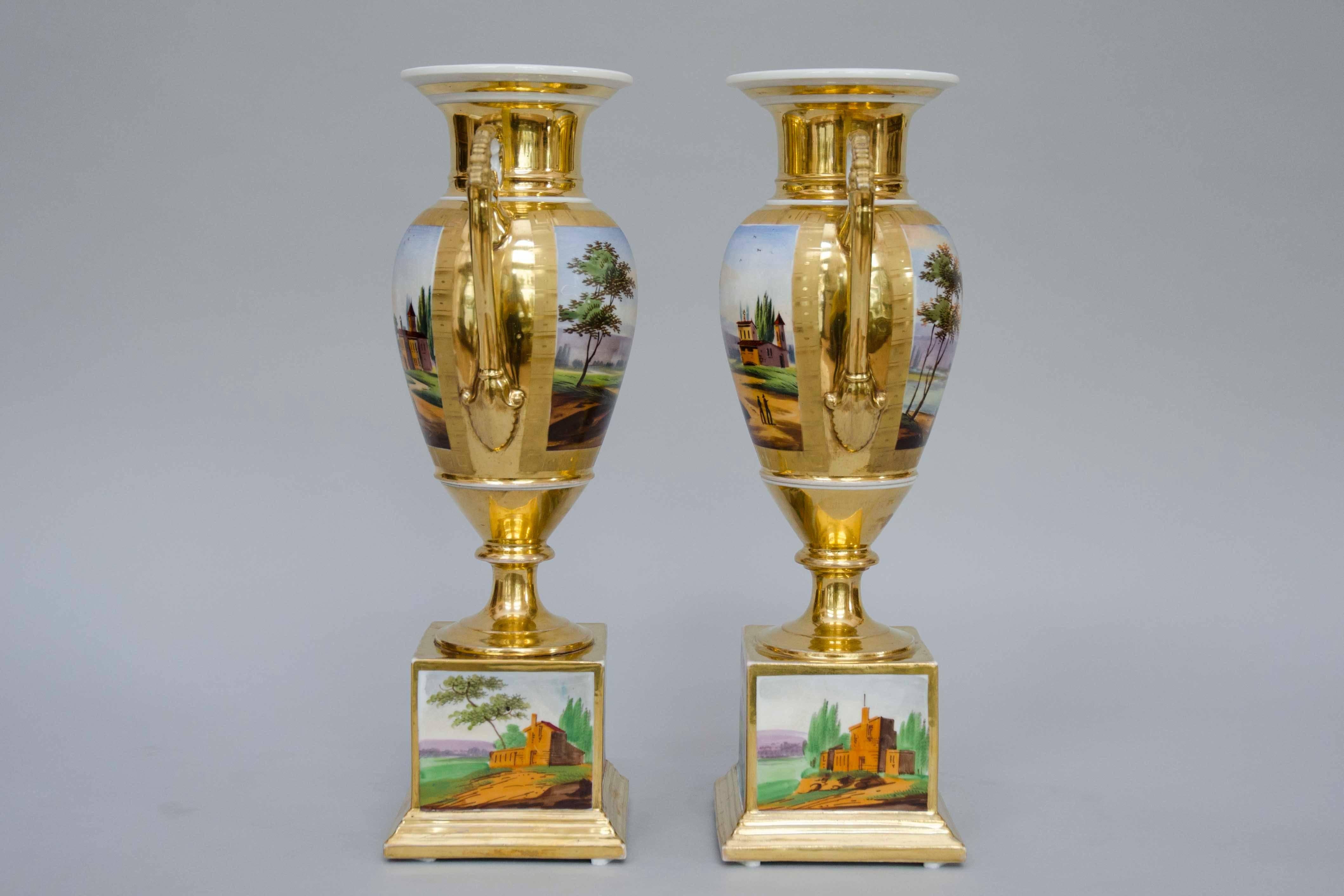 Porcelain 19th Century Squared Based Egg Shaped Vases with Italian Landscapes, Brussels For Sale