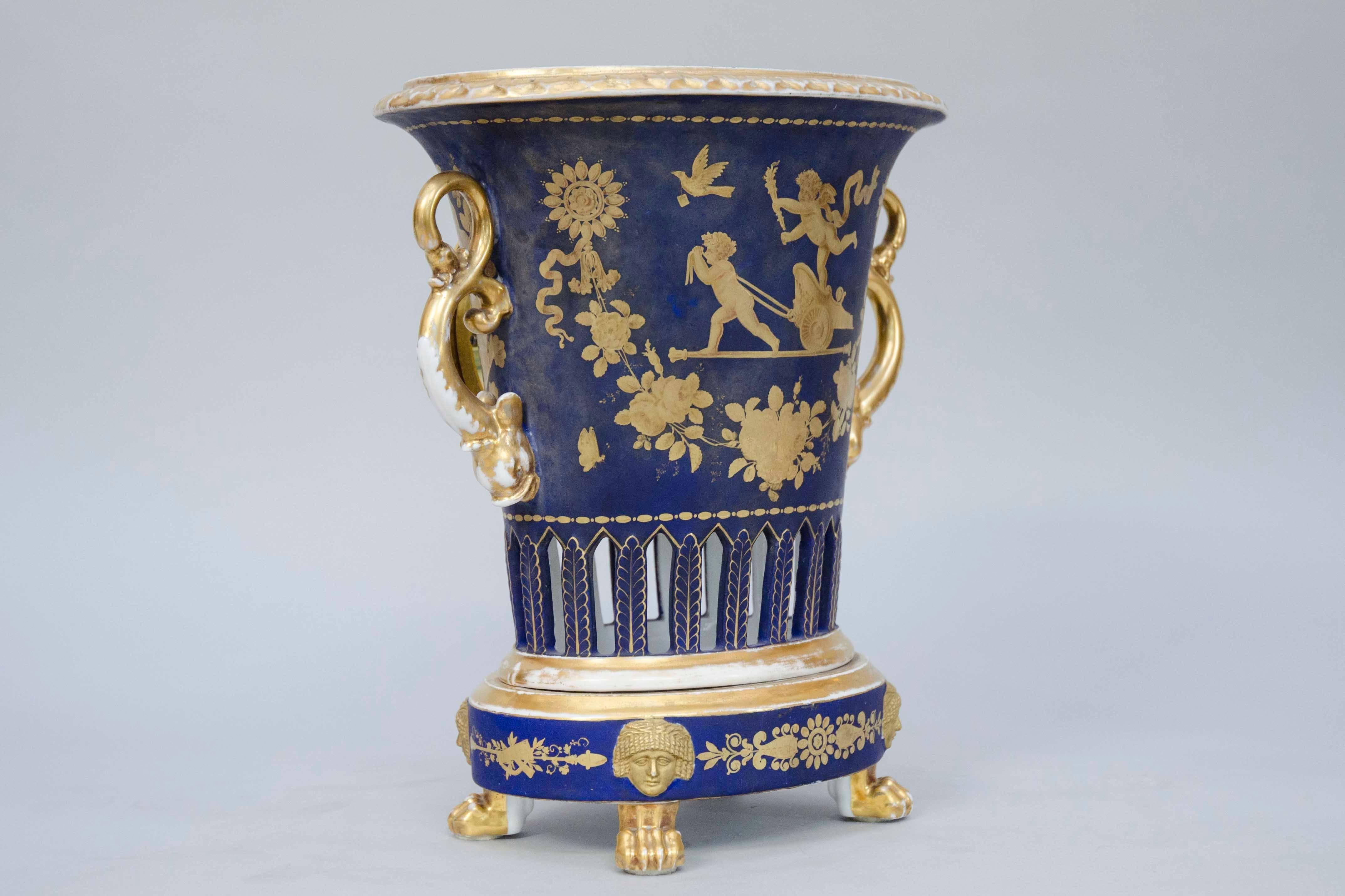 Early 19th Century Empire Darte Porcelain Vase Clock with Lapis Bleu Ground and Gild Decorations For Sale