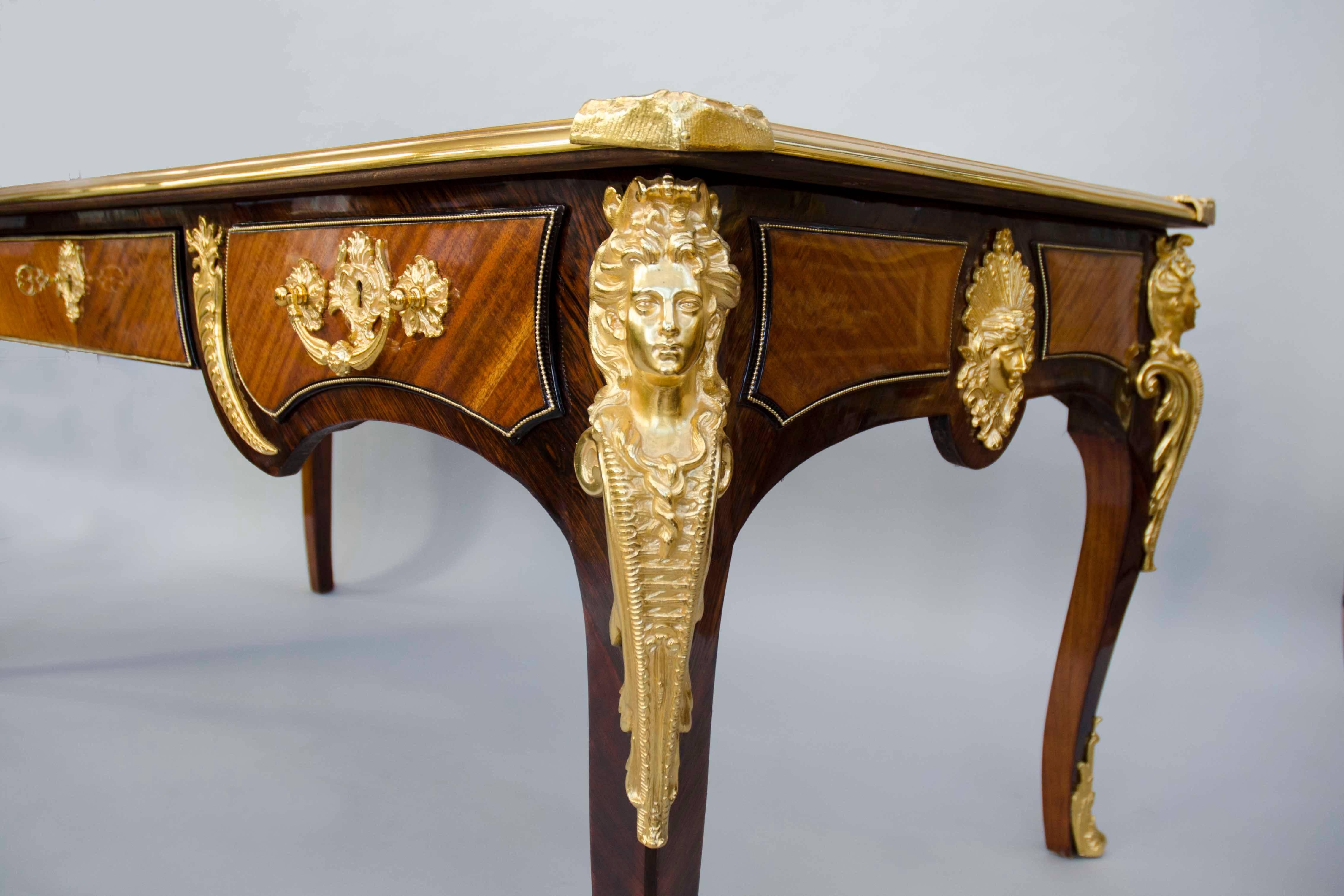 Gilt 19th Century French Regency Style Rose and Kingwood Office Desk, after Cressent