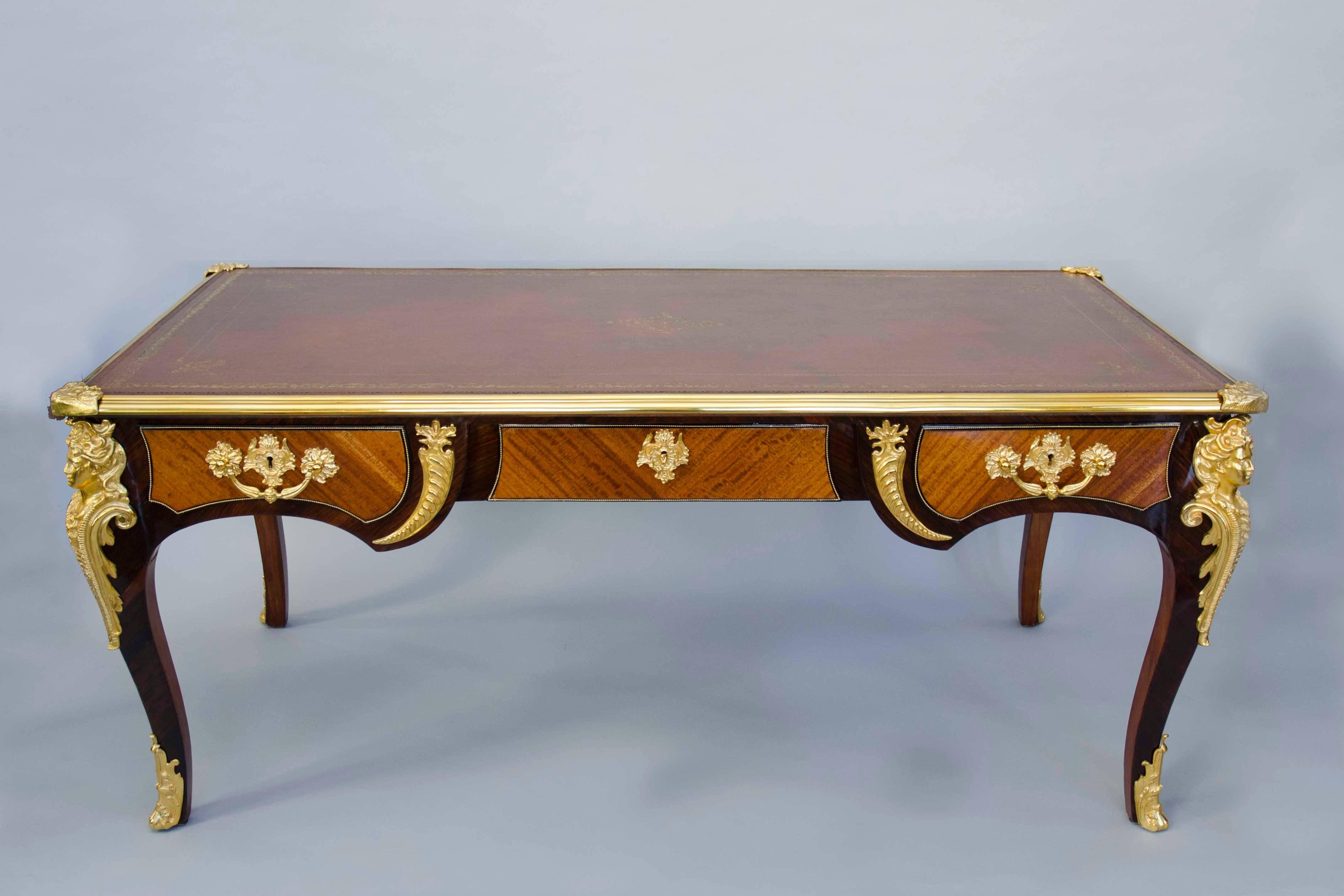 Bronze 19th Century French Regency Style Rose and Kingwood Office Desk, after Cressent