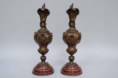 19th Century Pair of Large Ornamental Bronze Ewers on Marble Bases