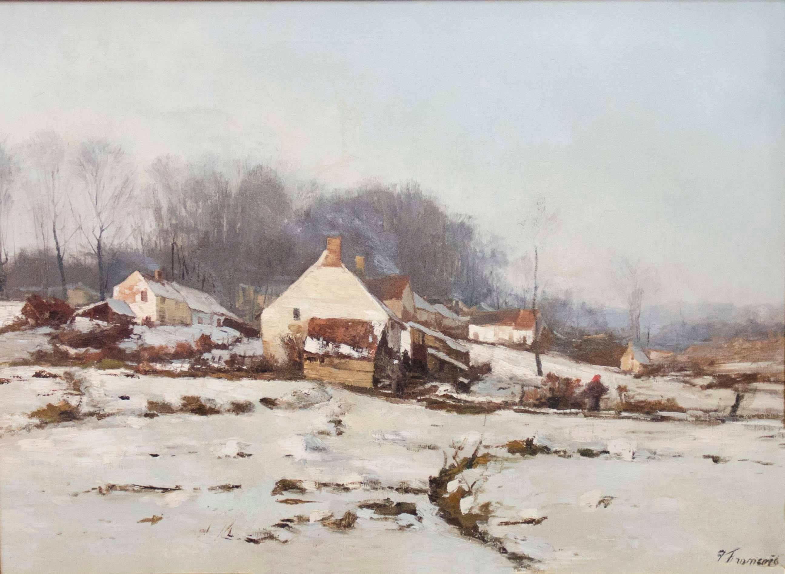 Charming animated winter view of the Belgian countryside. Very nice impressionist style with distinctive and large brush strokes. Oil on canvas. Signed lower right. Beautiful and authentic antique frame.

Dimensions: H 88cm x W 63cm, H 120 x W 95