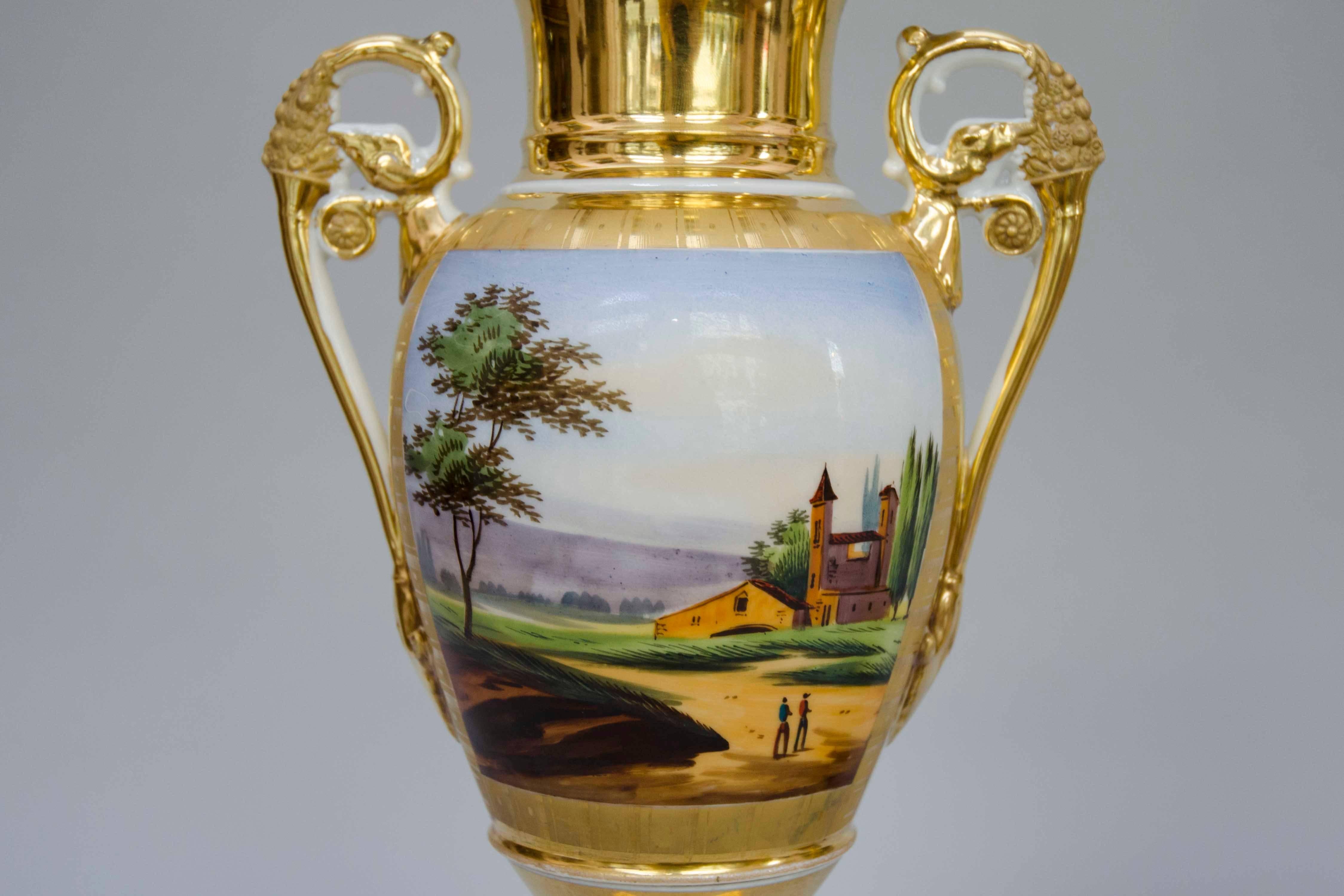 Hand-Painted 19th Century Squared Based Egg Shaped Vases with Italian Landscapes, Brussels For Sale