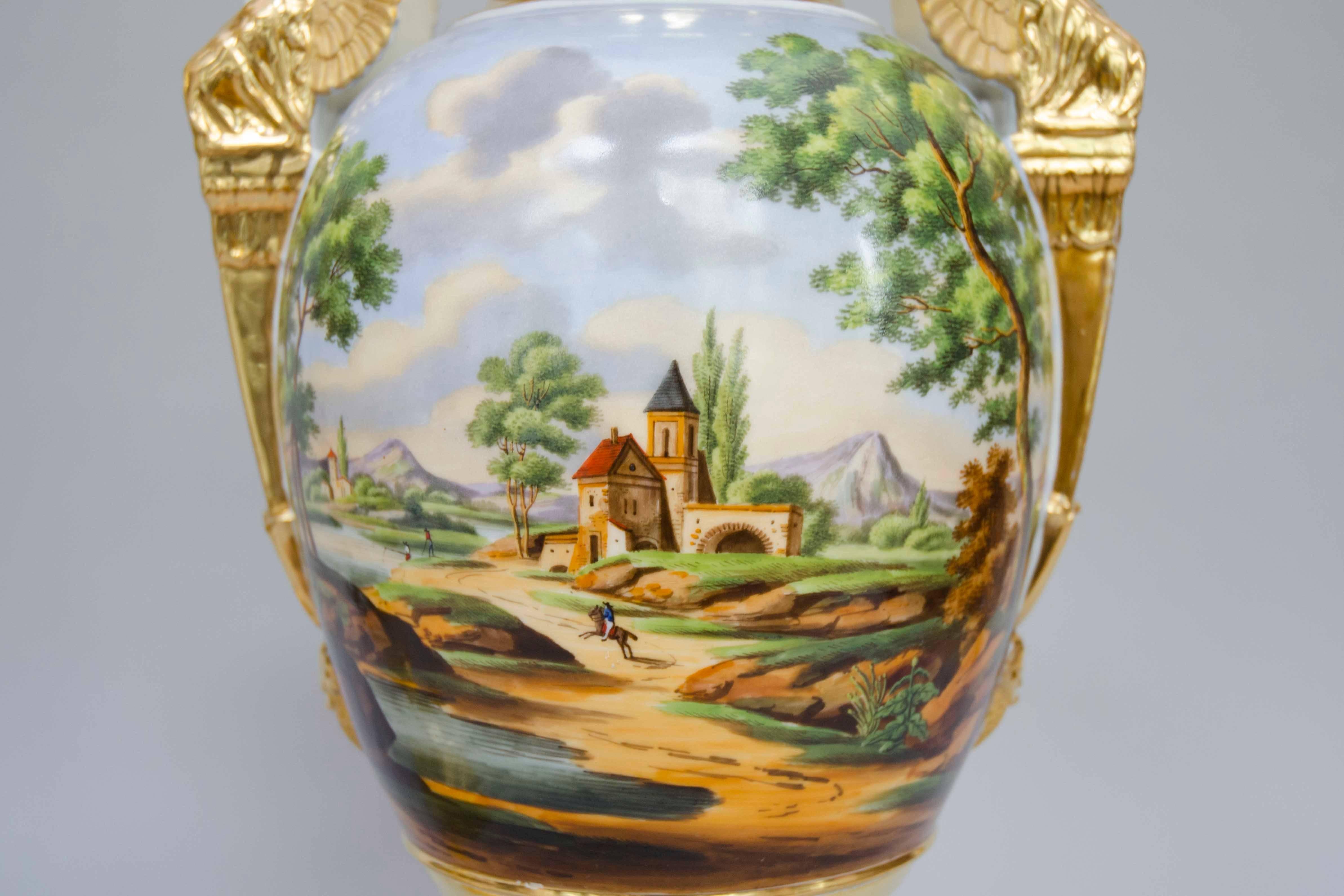 French Early 19th Century Pair of Large Egg Shaped Vases, Italian Landscapes, Paris For Sale