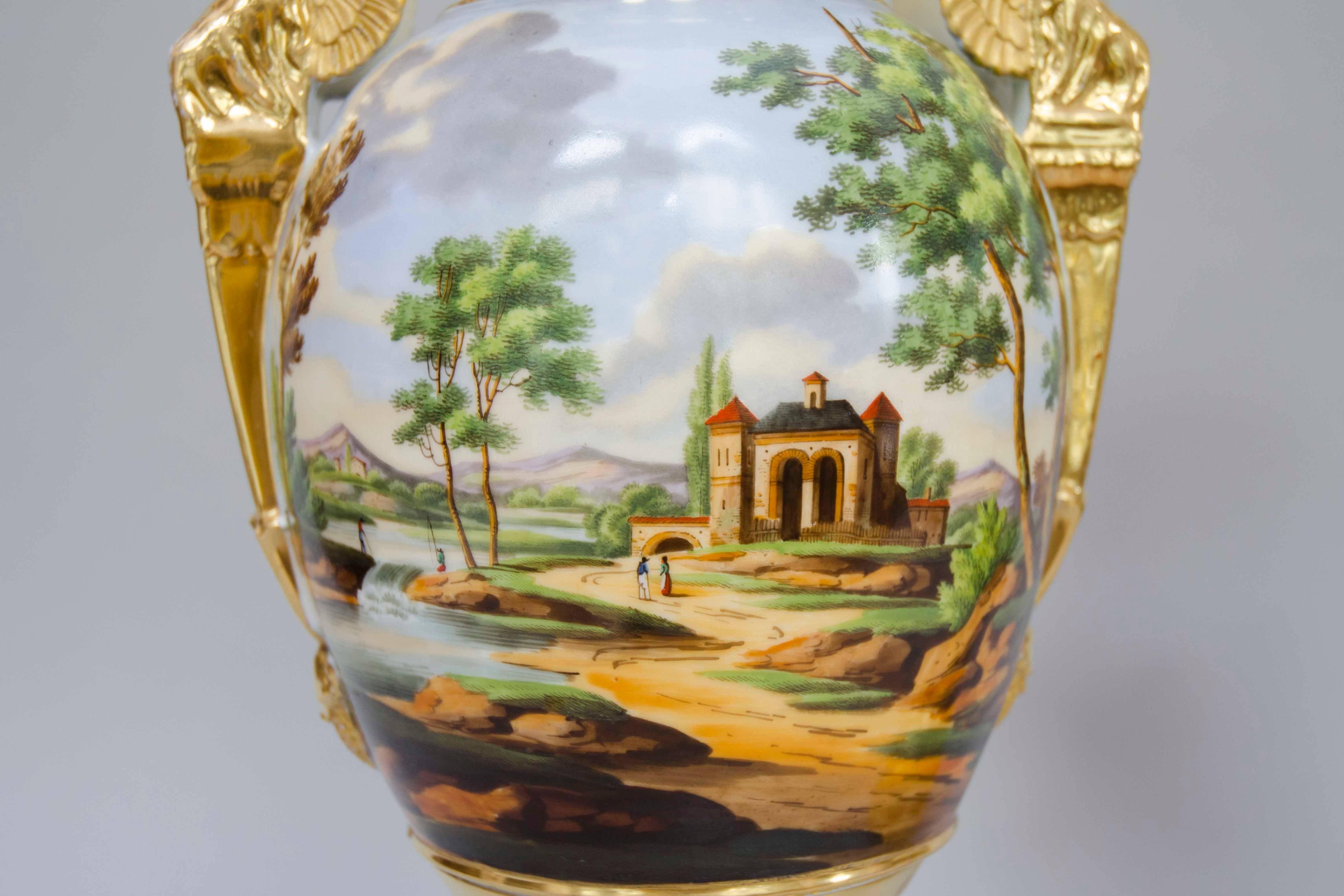 Hand-Painted Early 19th Century Pair of Large Egg Shaped Vases, Italian Landscapes, Paris For Sale