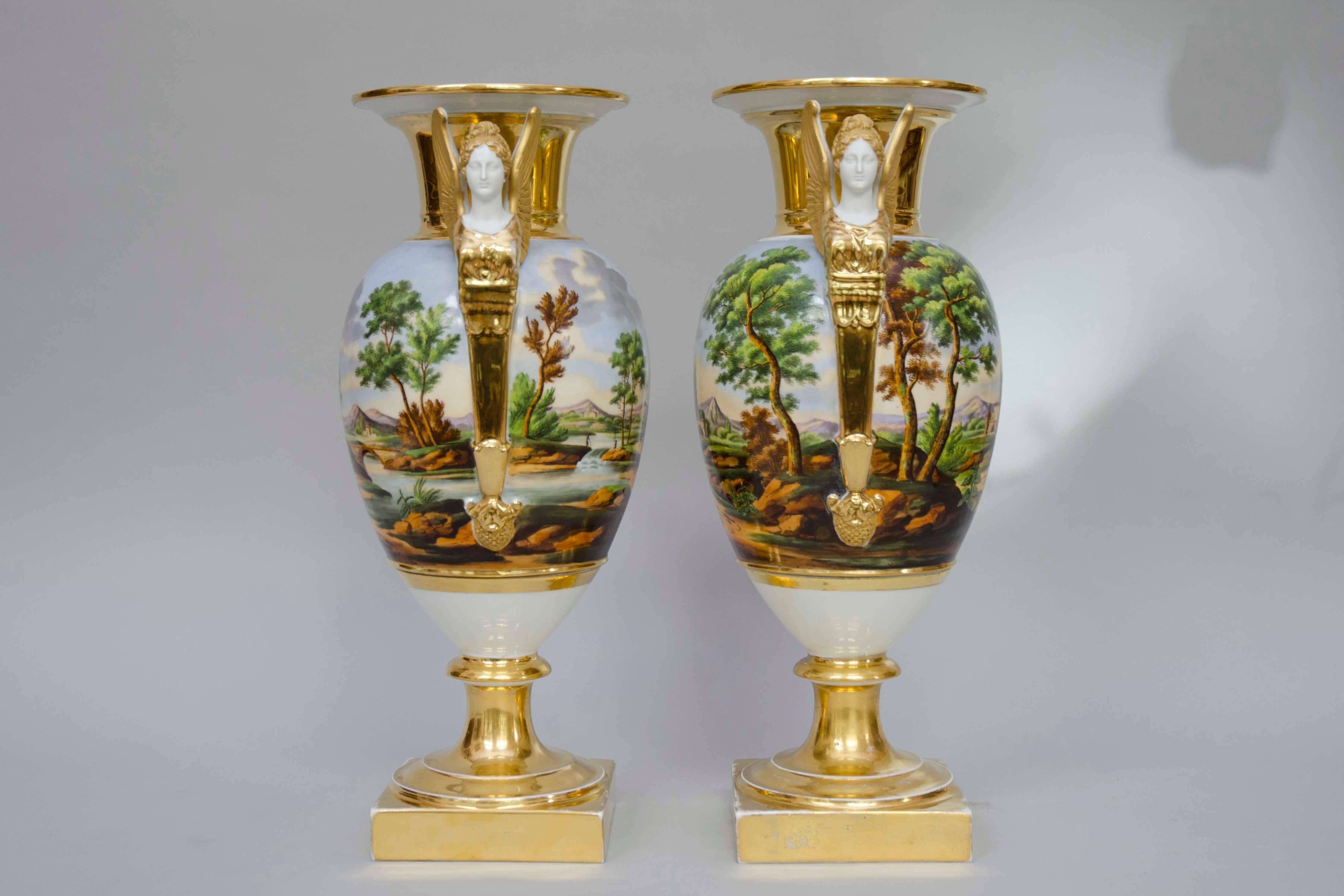 Empire Early 19th Century Pair of Large Egg Shaped Vases, Italian Landscapes, Paris For Sale