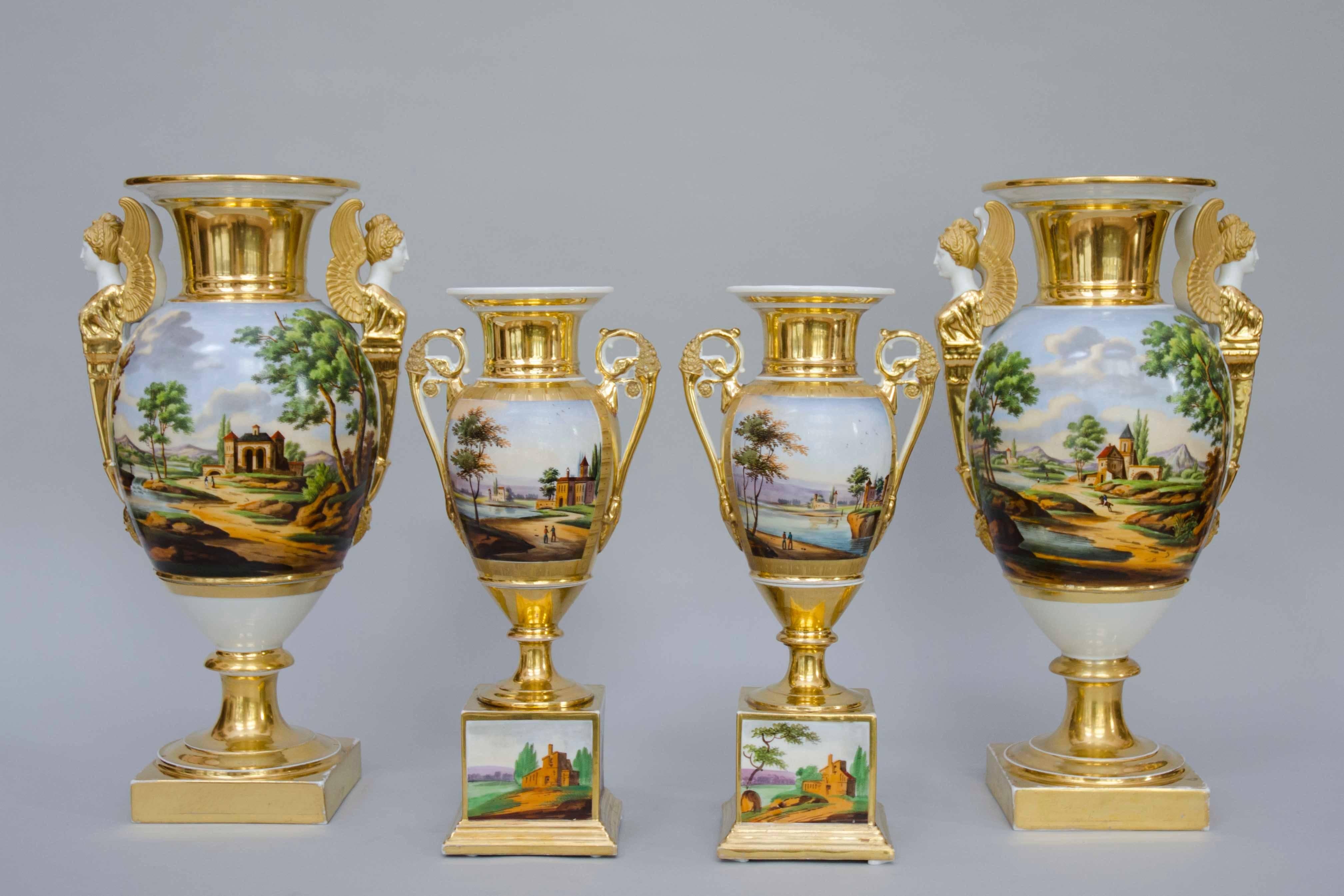 Mid-19th Century Early 19th Century Pair of Large Egg Shaped Vases, Italian Landscapes, Paris For Sale