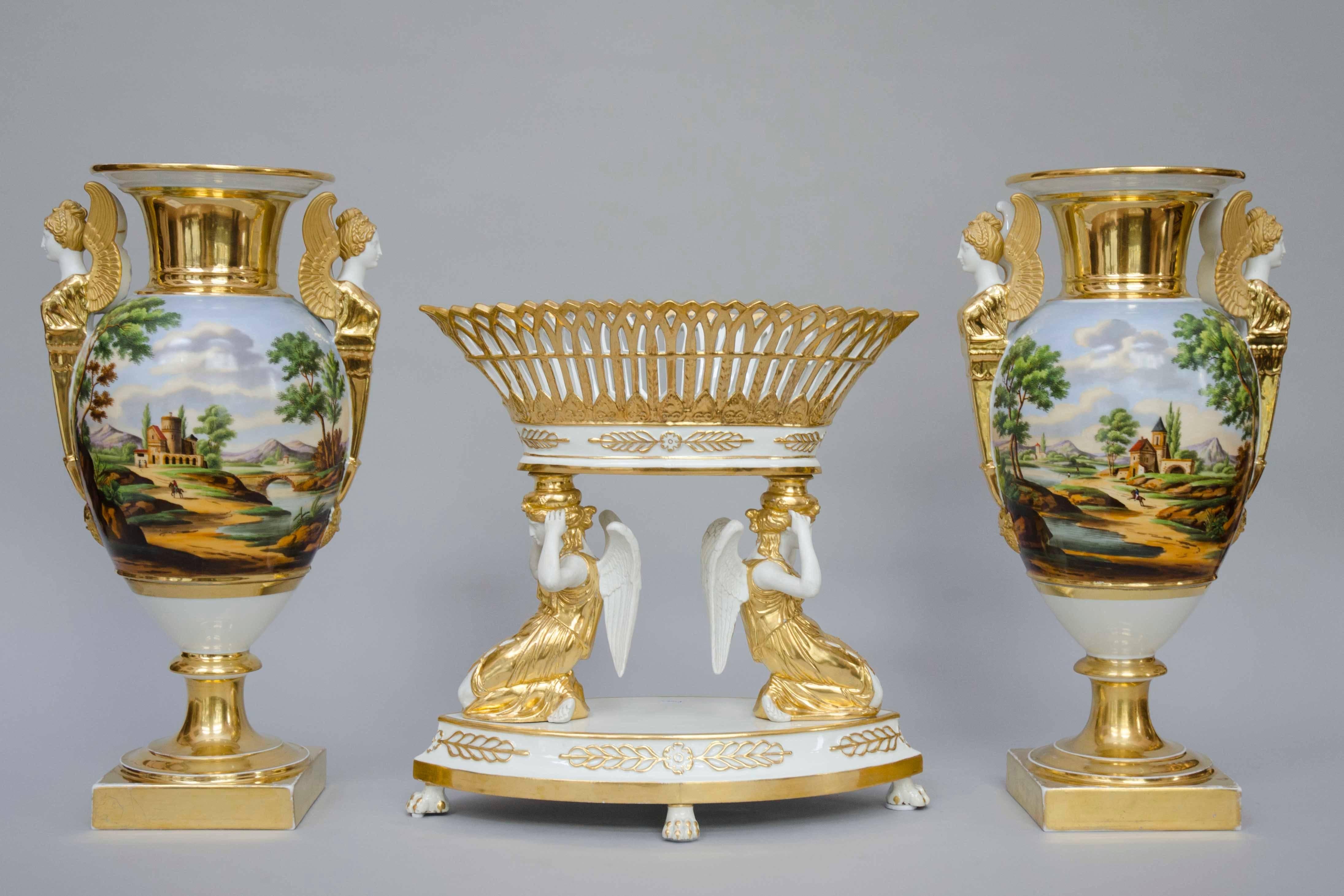 Porcelain Early 19th Century Pair of Large Egg Shaped Vases, Italian Landscapes, Paris For Sale