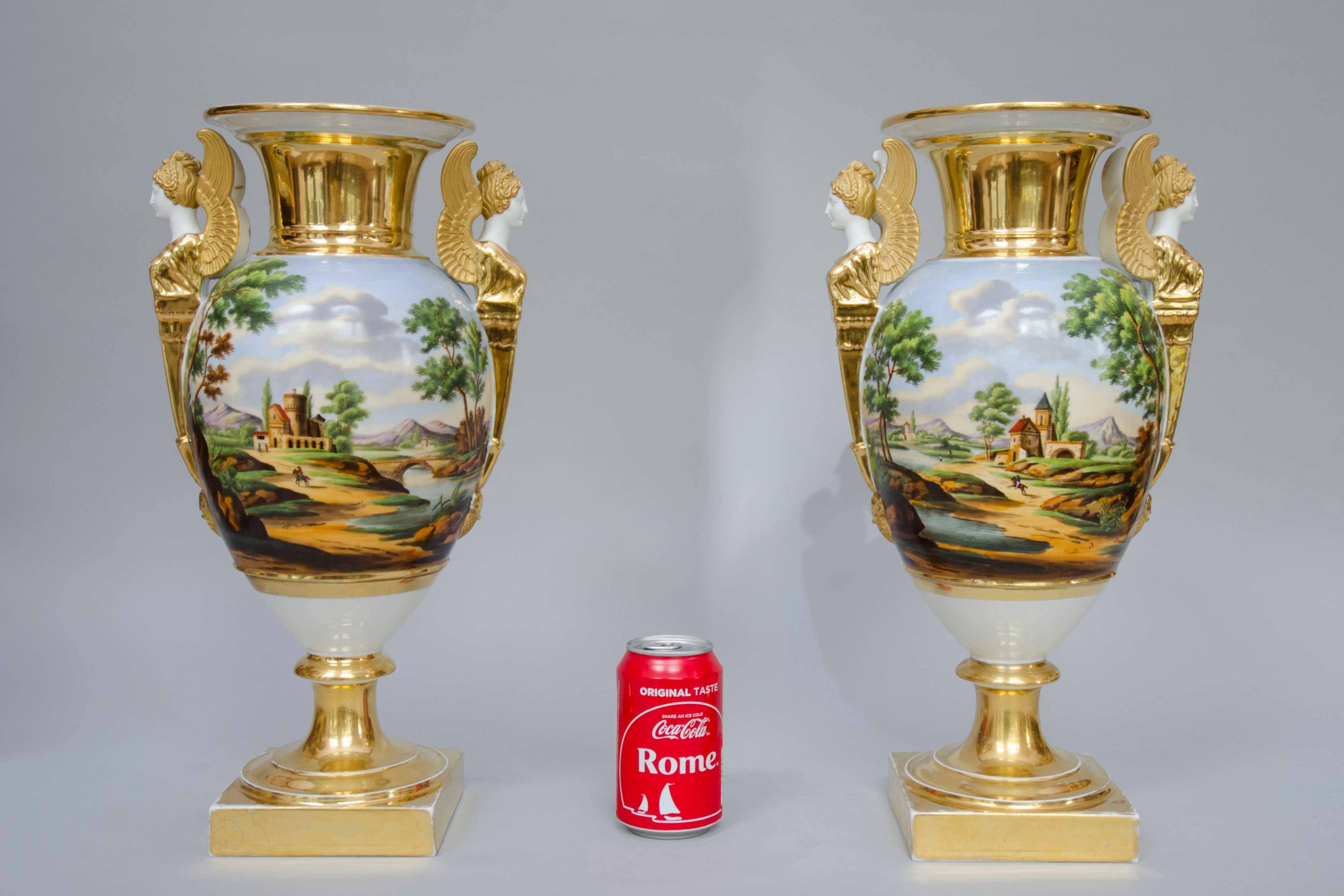 Early 19th Century Pair of Large Egg Shaped Vases, Italian Landscapes, Paris For Sale 1