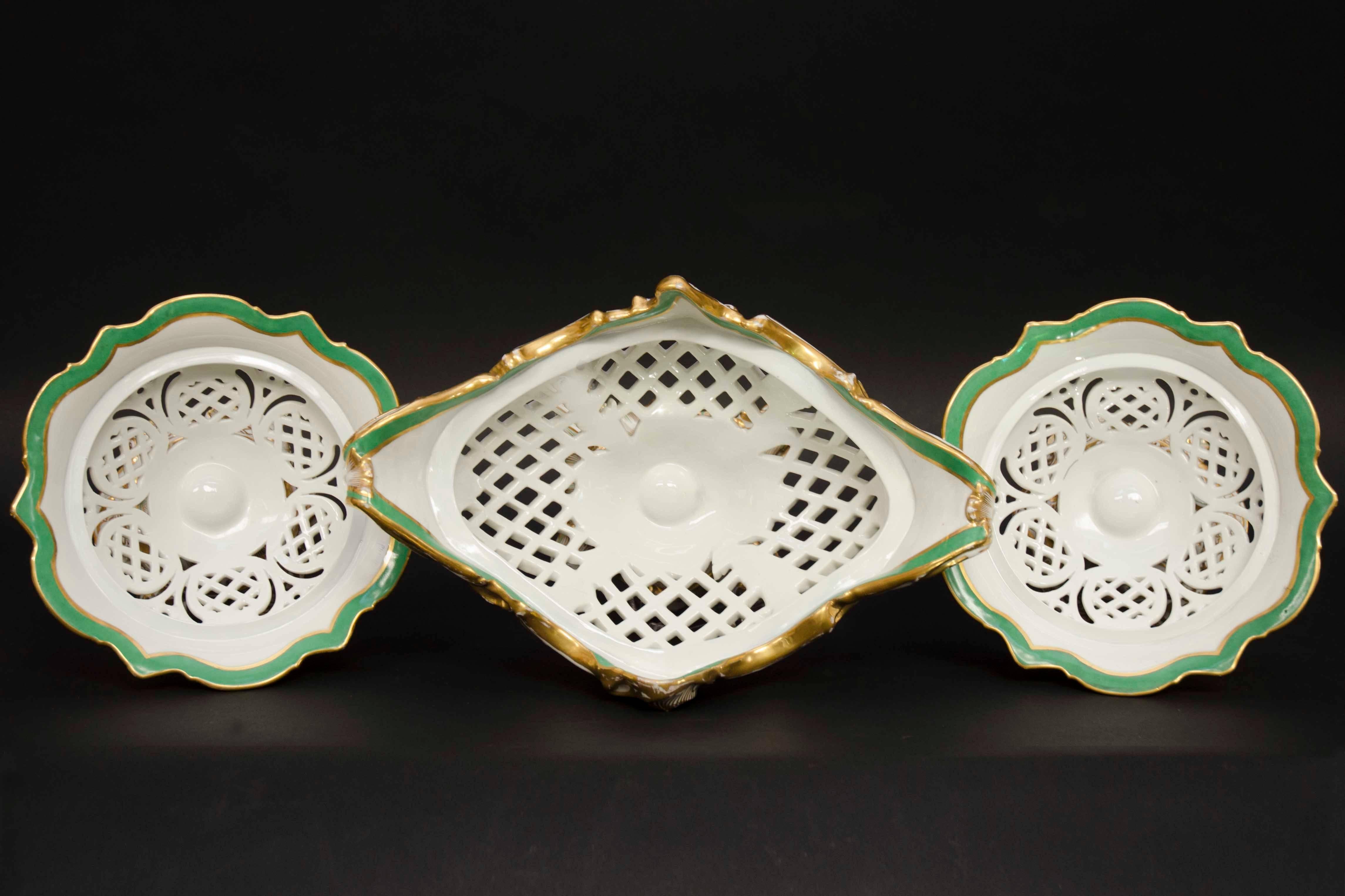 19th Century Rococo Garniture with Three Porcelain Baskets Signed Cappellemans For Sale 4