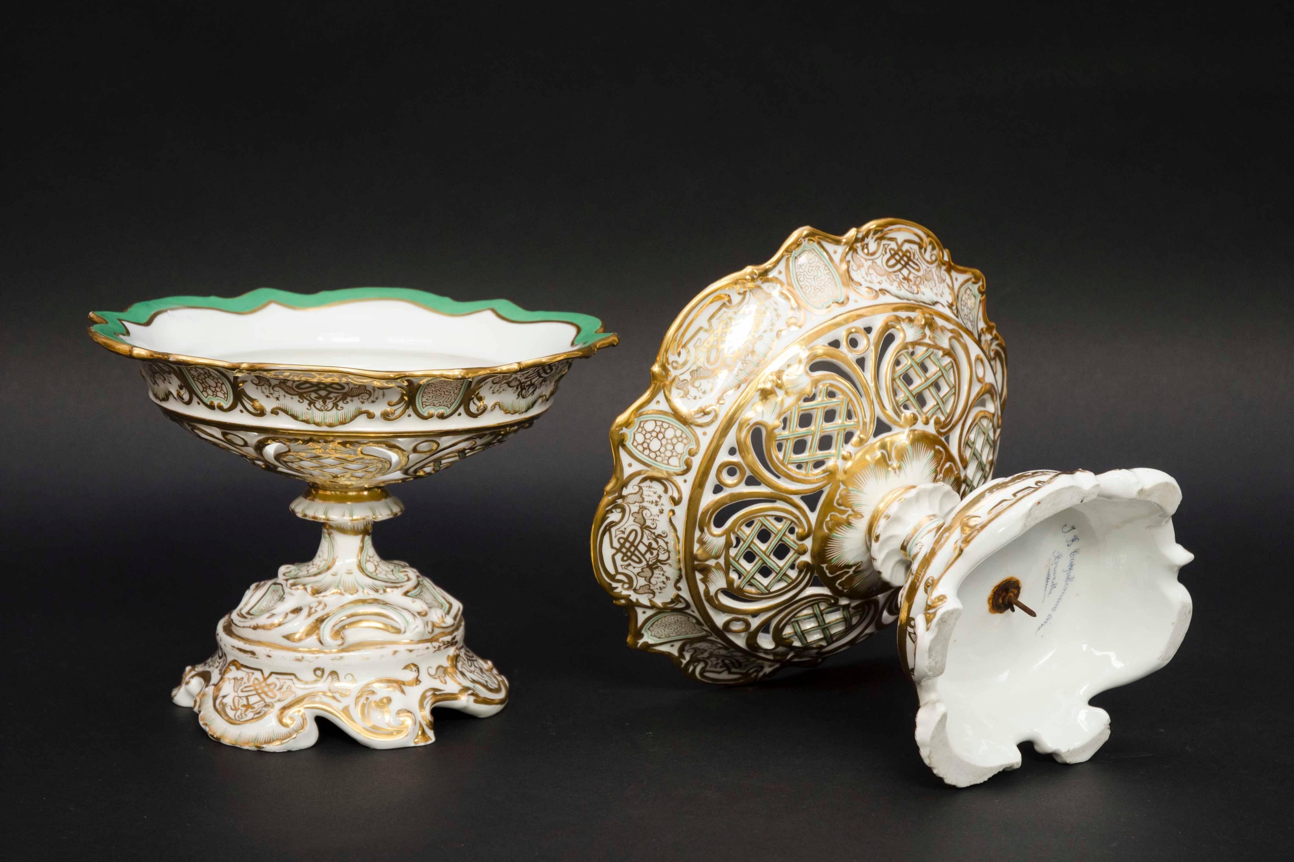 19th Century Rococo Garniture with Three Porcelain Baskets Signed Cappellemans For Sale 3