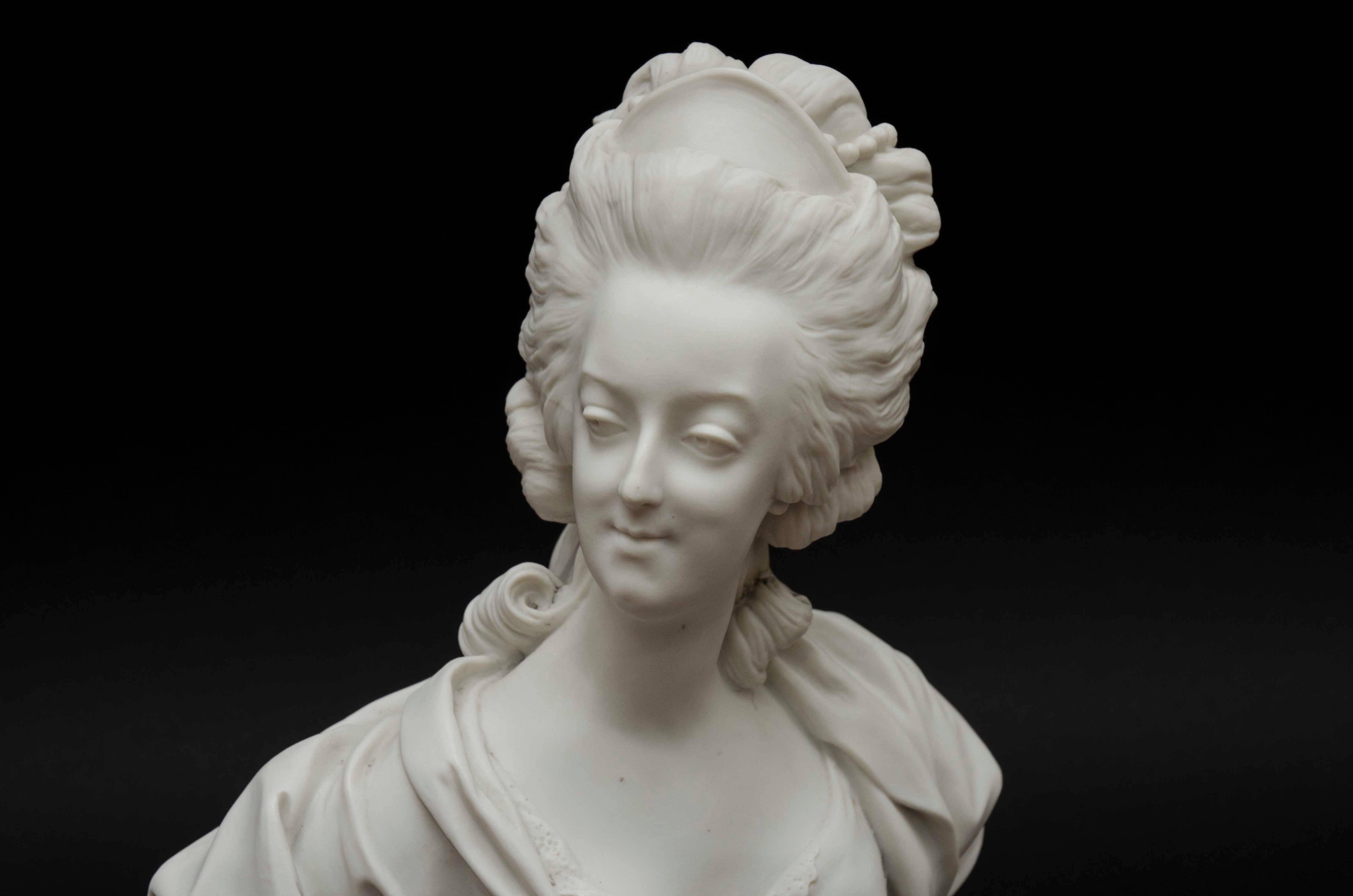 Small bisque bust of Marie-Antoinette, Queen of France, wife of Louis XVI. After the model of Sèvres by sculpteur Louis-Simon Boizot (1785). Nice quality and details. Marked with the interlaced L's on the bottom.
Paris, late 19th century.
Size: H