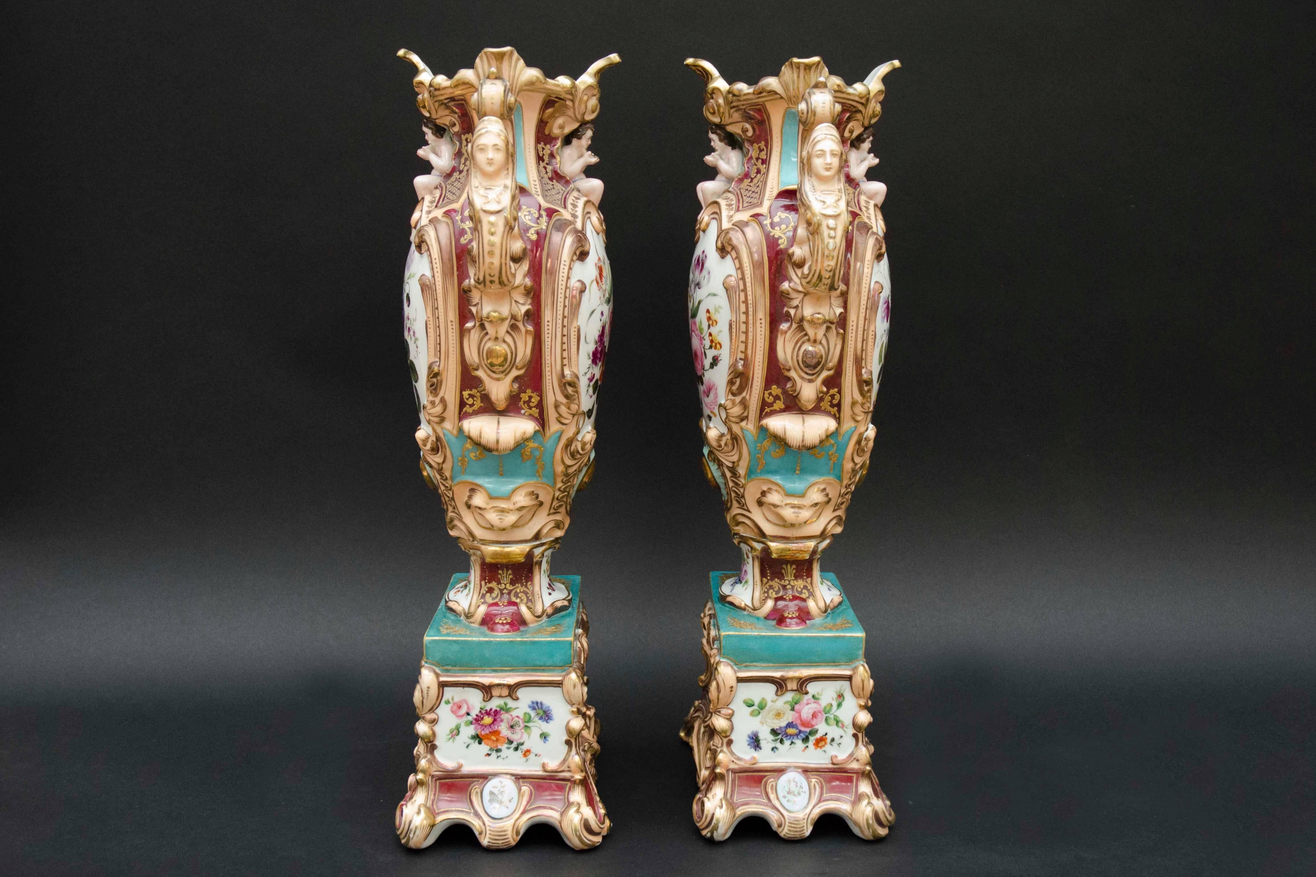 French 19th Century Rococo Pair of colorfull Vases, attributed to Jacob Petit in Paris For Sale