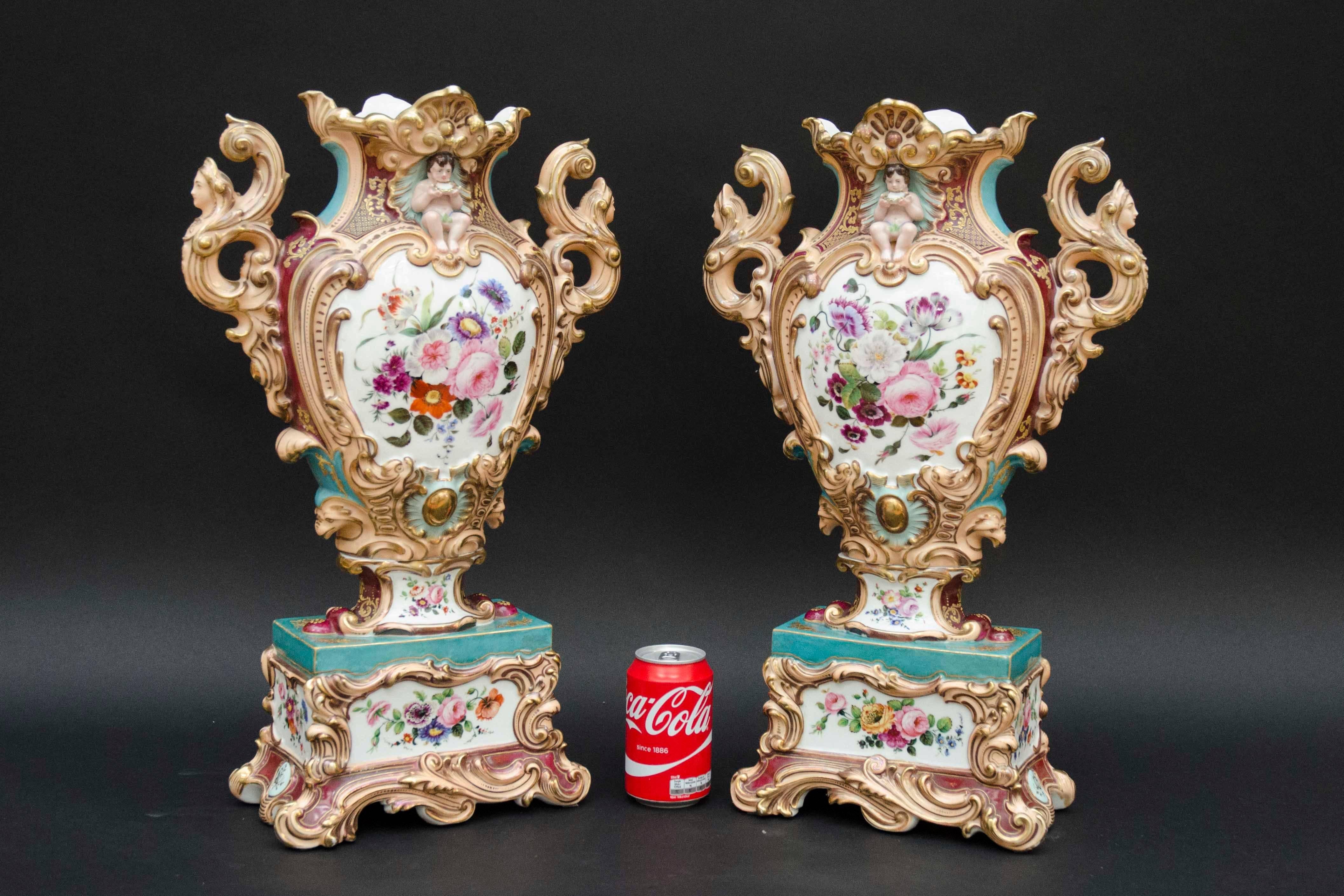 Rococo Revival 19th Century Rococo Pair of colorfull Vases, attributed to Jacob Petit in Paris For Sale