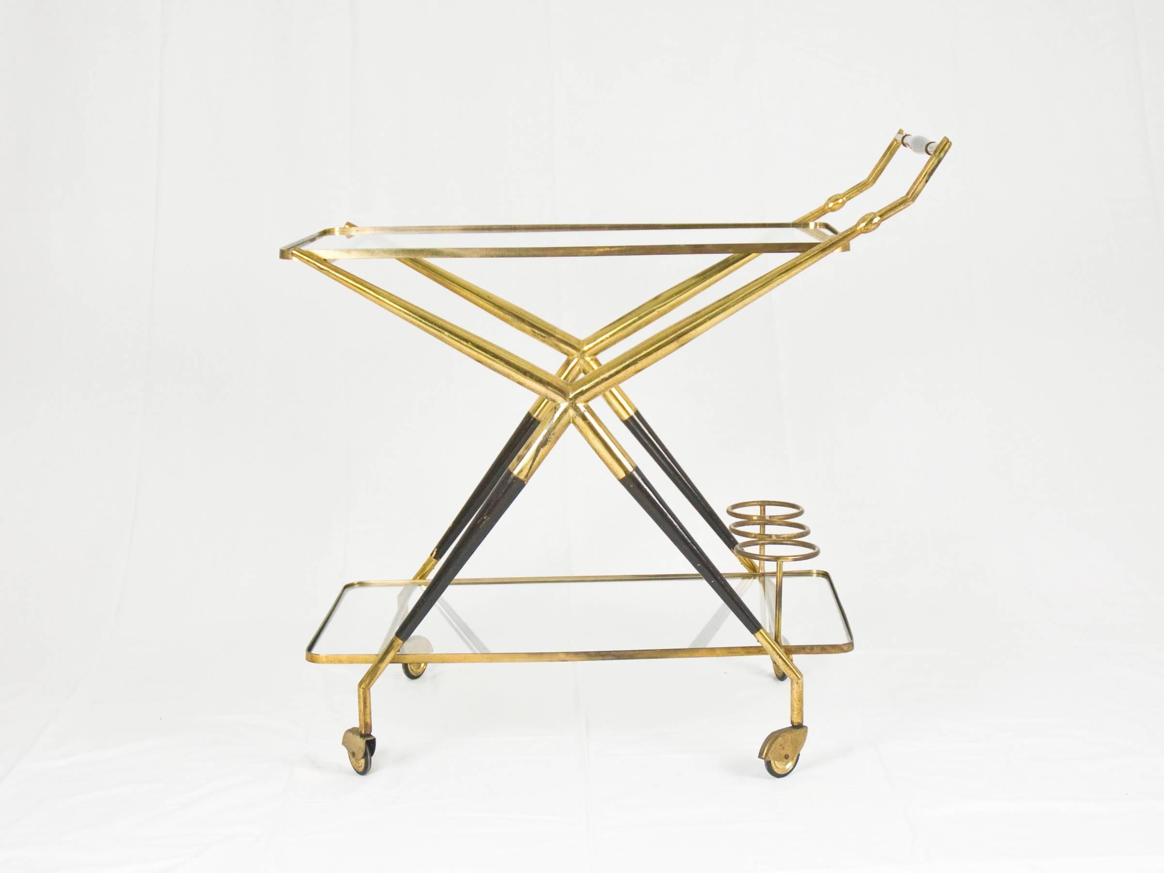 Mid-Century Modern Wooden, Brass and Glass Italian Serving Bar Cart by Cesare Lacca, 1950s