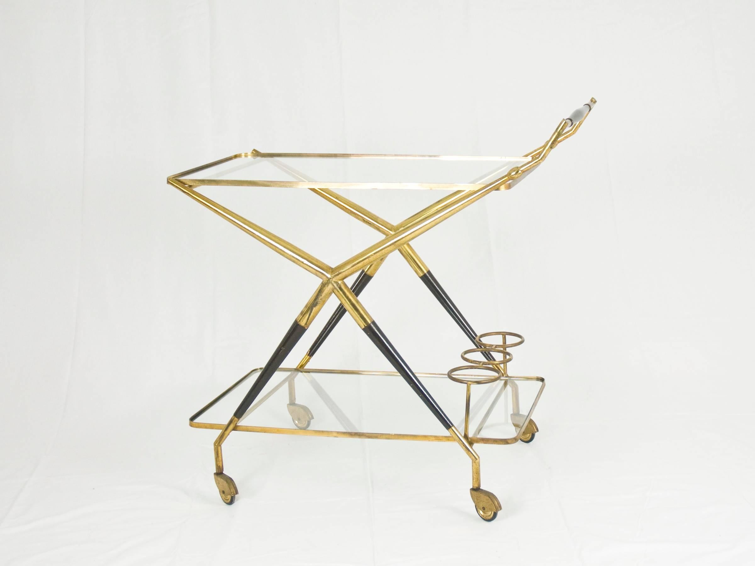 Lacquered Wooden, Brass and Glass Italian Serving Bar Cart by Cesare Lacca, 1950s