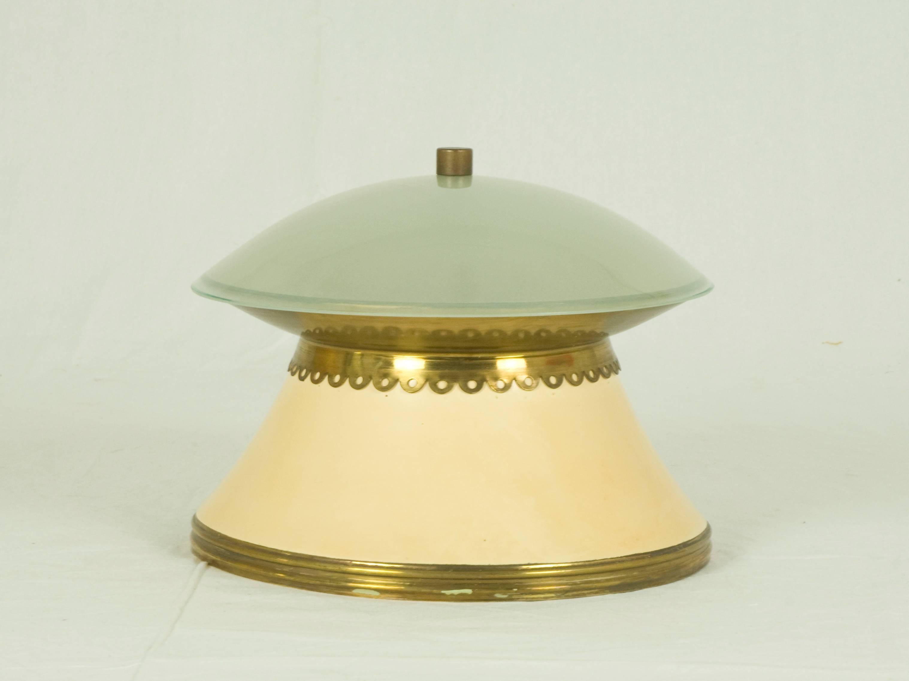 Mid-Century Modern Pair of Italian Glass, Metal & Brass Ceiling Lamps by Stilnovo, 1940s