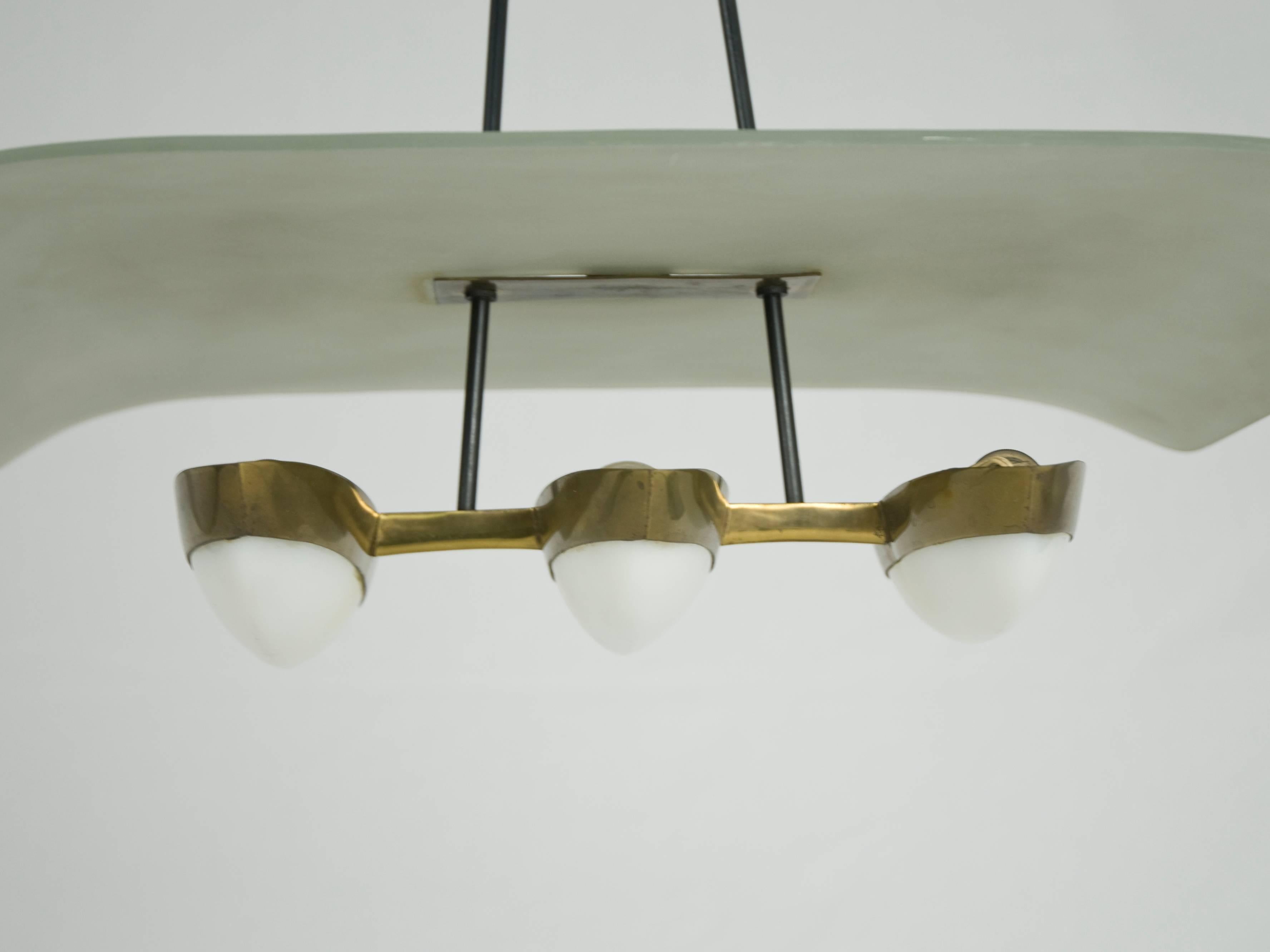 Painted Midcentury Three-Light Brass, Perspex & Glass Pendant Attributed to Arredoluce