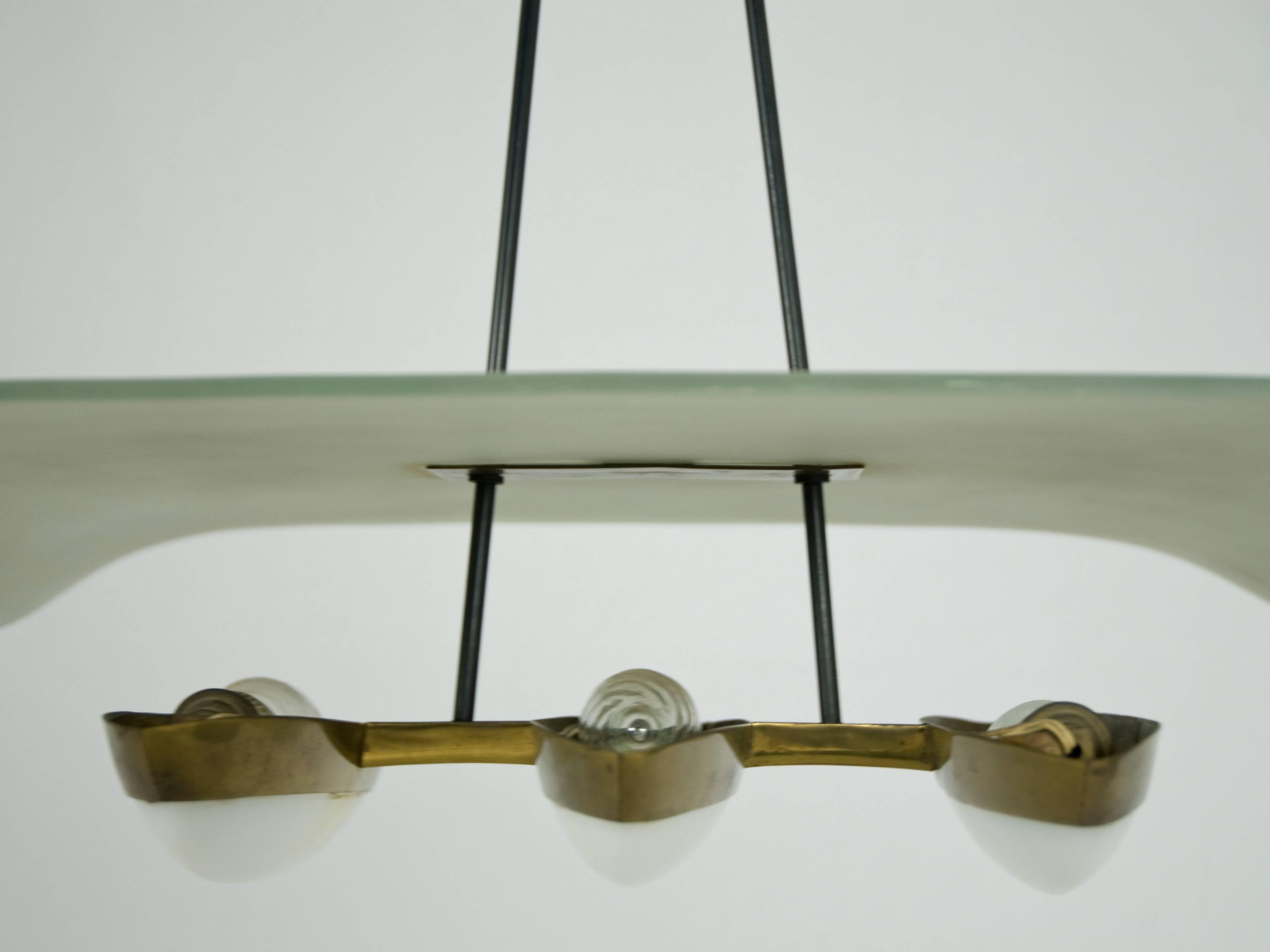 Italian Midcentury Three-Light Brass, Perspex & Glass Pendant Attributed to Arredoluce