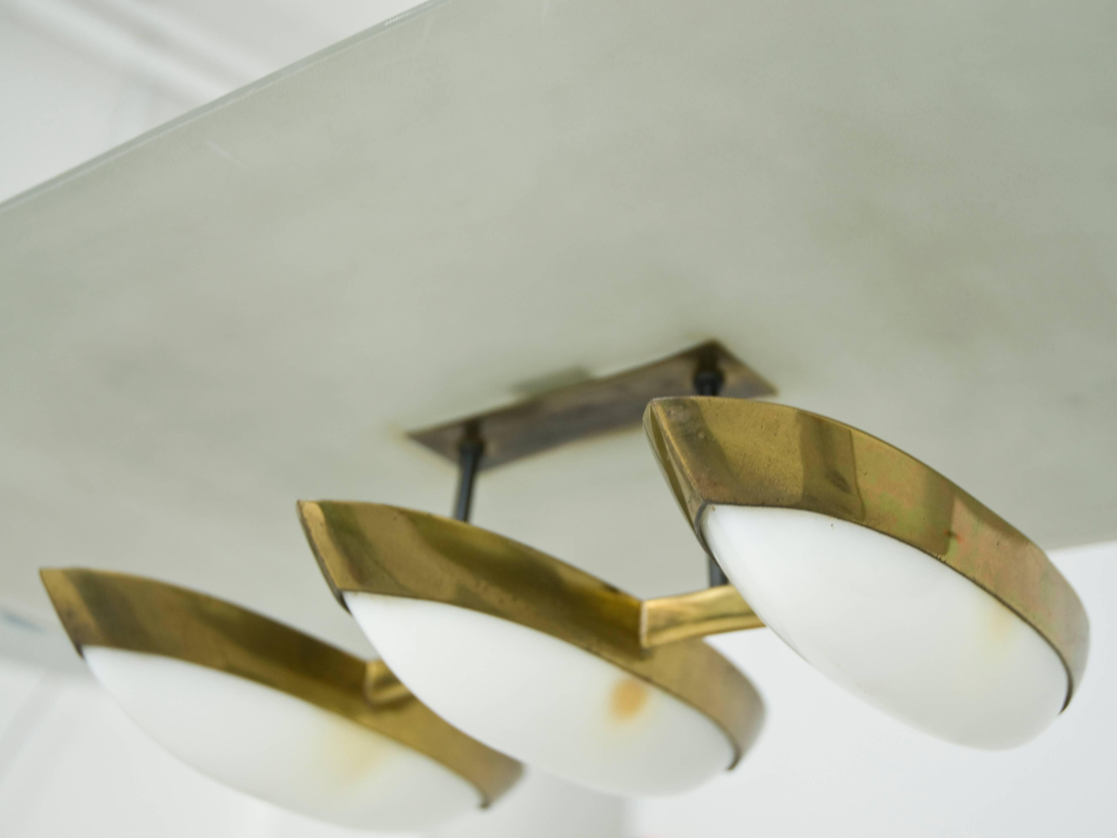 20th Century Midcentury Three-Light Brass, Perspex & Glass Pendant Attributed to Arredoluce
