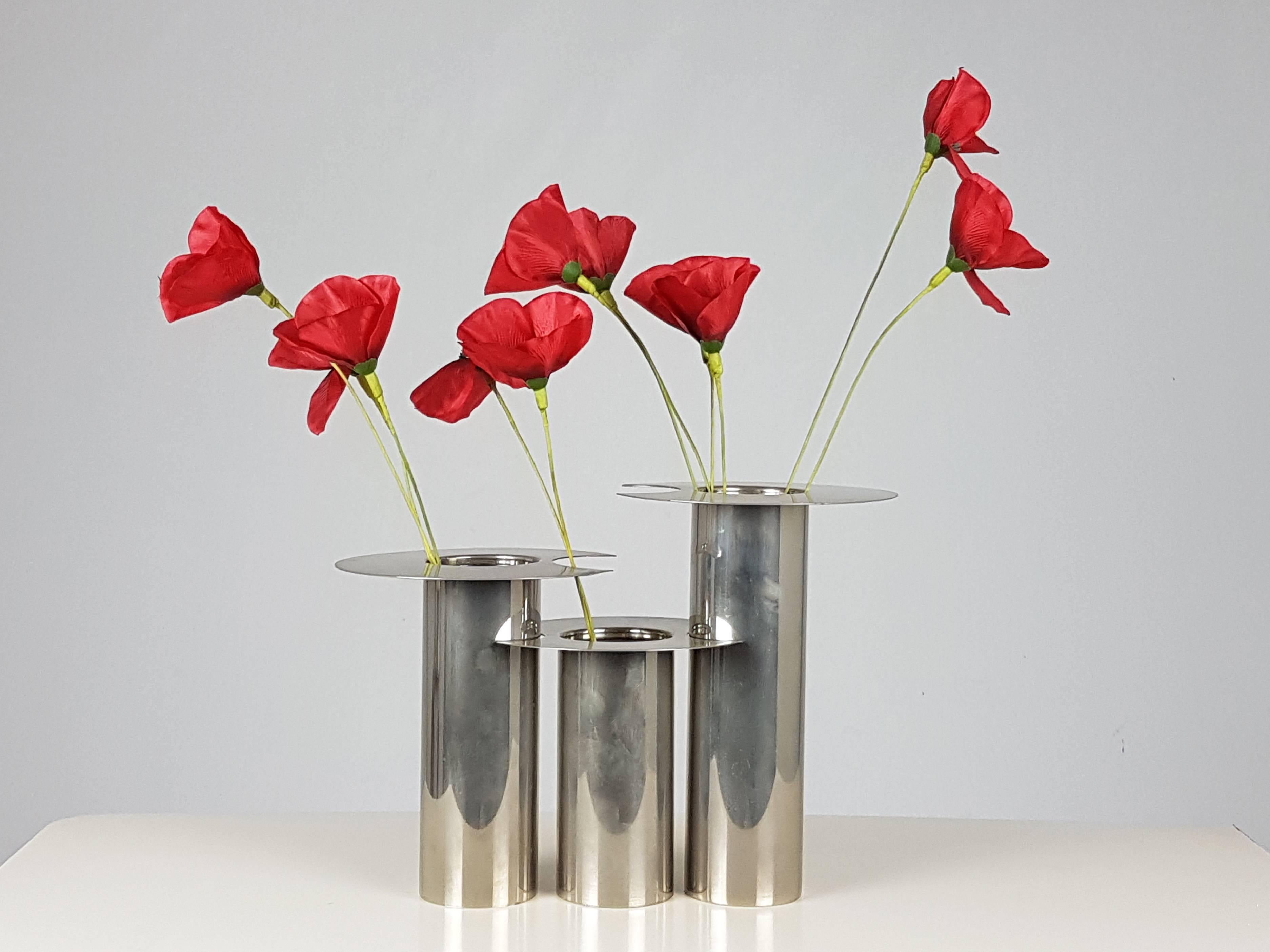 Space Age Italian Nickel-Plated Decorative 1970s Vases, Set of Three