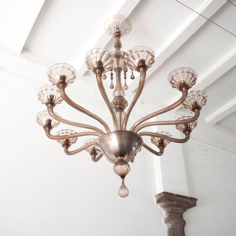 Large 12 Lights Antique Pink Murano Glass Chandelier By Ercole This 12 Lights Chandelier Was Designed By Ercole Barovier Around 1940s It Is Hand