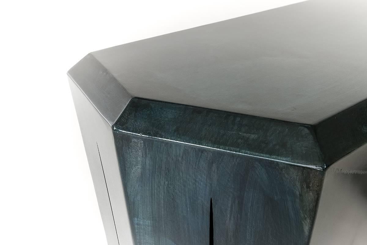 Patinated Hedra HCT, Geometric Steel Table or Bench with Blue Patina by Topher Gent