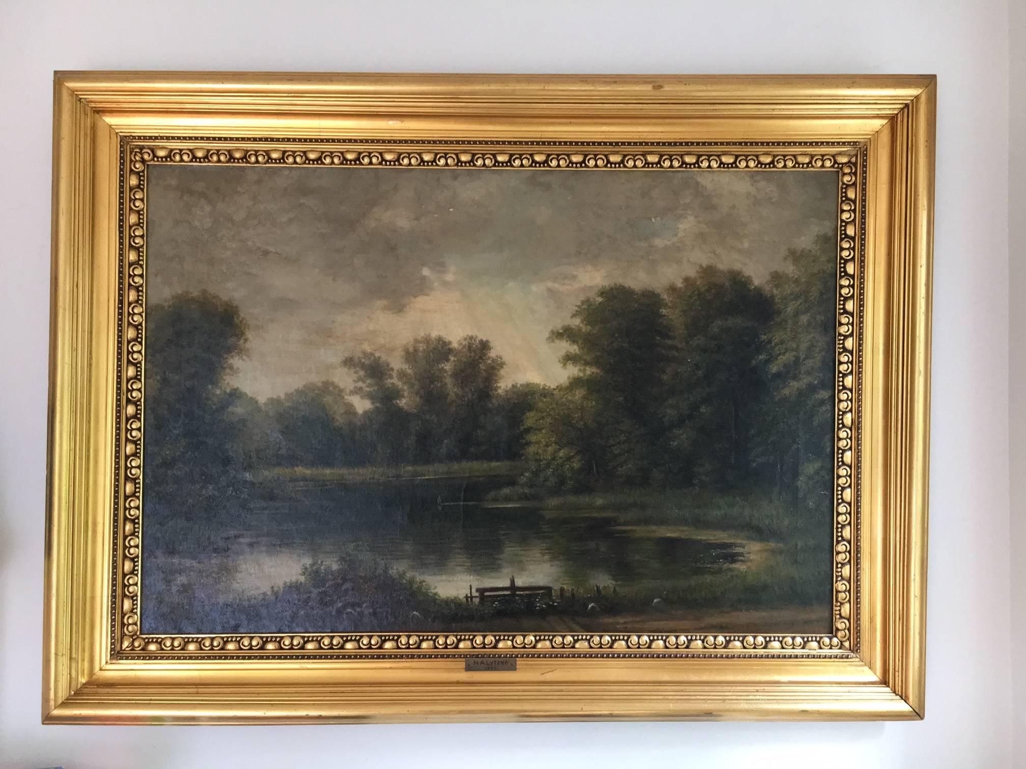 Giltwood Danish Forest Landscape with Lake by N.A. Lytzen