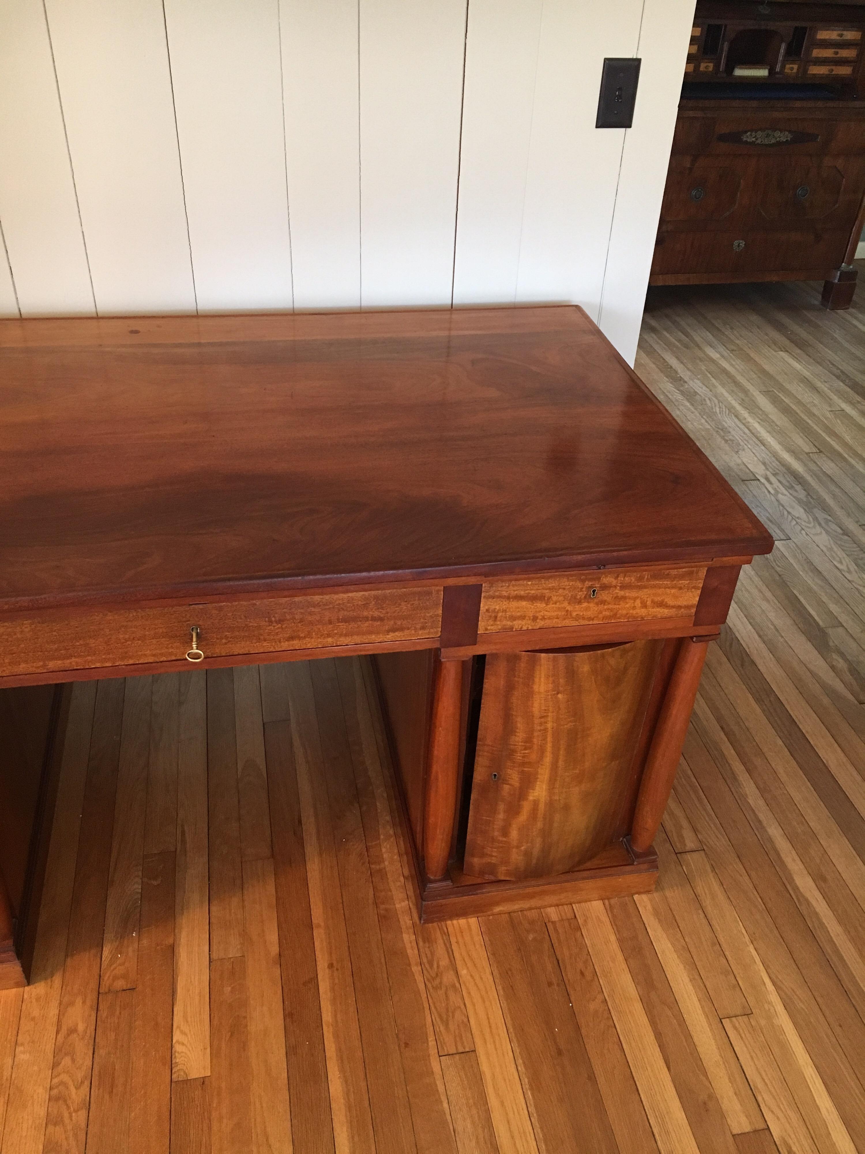 Grand and beautiful mahogany desk by Danish furniture maker Otto Meyer, made in 1918. Elegant, stately and masculine, with a glimpse of Art Deco style, as well as hearkening back to the Danish Empire style and very early touches of Danish modern,