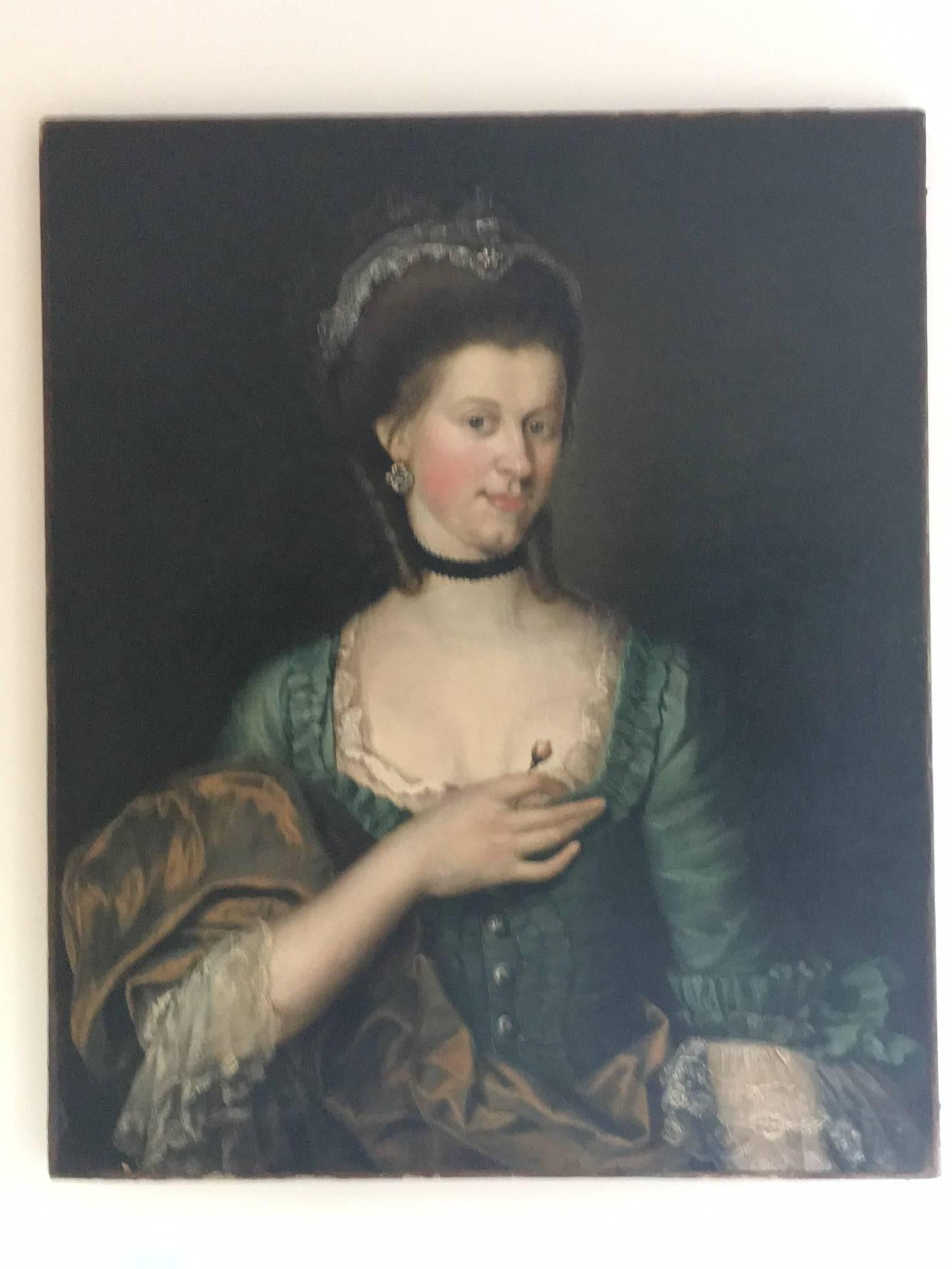 Unusually beautiful and very fine 18th century Old Master oil portrait of young lady with a rose. In the manner of well-known Danish portrait artist Jens Juel. Artist and provenance behind this mysterious and alluring young woman remain unknown.  On